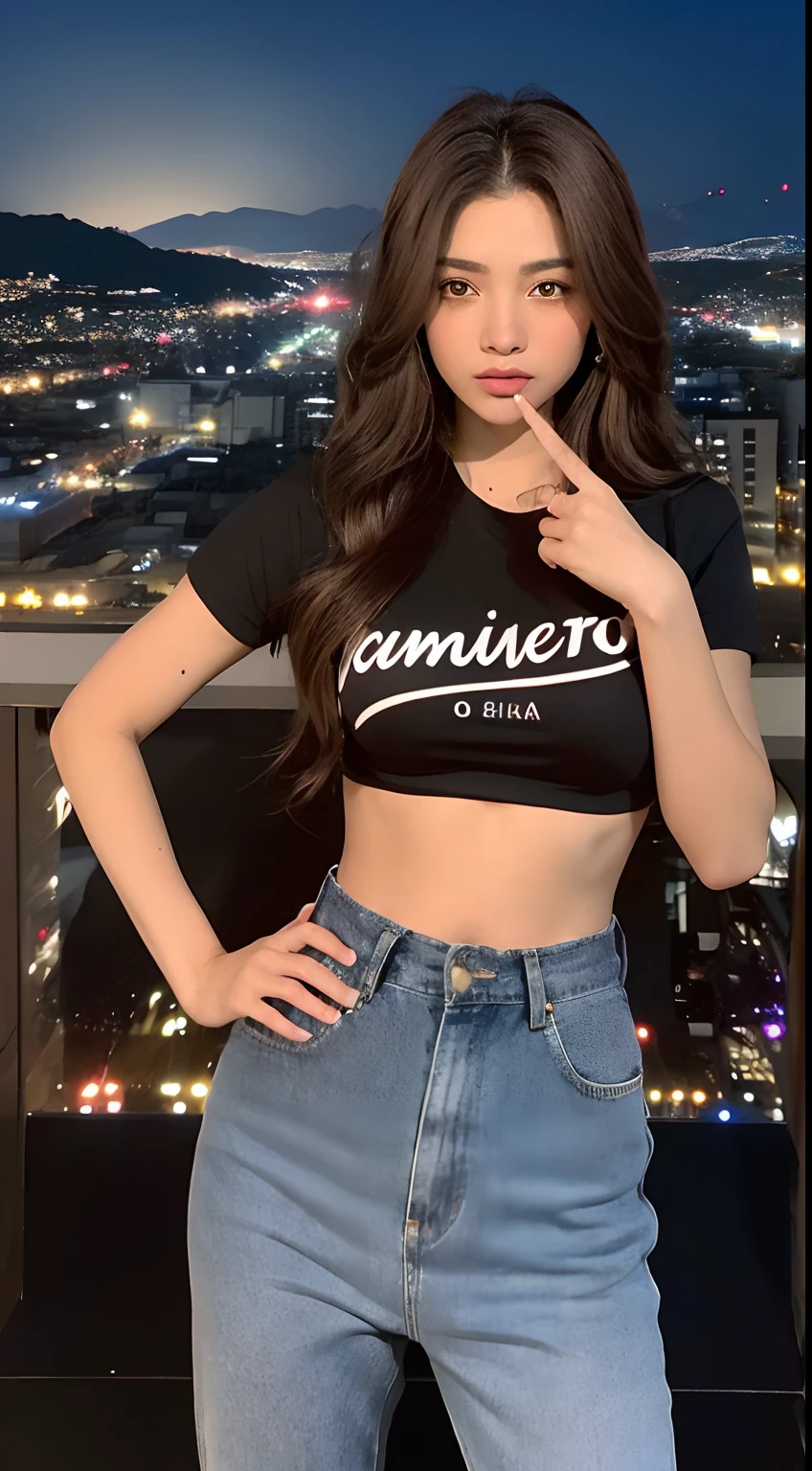 8K, Obra maestra, foto cruda, Mejor calidad, fotorrealista, extremely detailed CG unity 8K wallpaper, Profundidad de campo, cinematic light, destello de lente, trazado de rayos, (Cara extremadamente hermosa, Hermosos labios, ojos bonitos), cara con detalles intrincados, ((piel ultra detallada)) 1 chica, cuerpo completo, pechos grandes, en la oscuridad, sombra profunda, linda chica coreana, KPOP Idol,(cuerpo muy delgado, esbelto y musculoso), ((Mirando al espectador)),(gran sonrisa), (noche de la ciudad de moda, (neon sign), (fondo borroso), Medianoche, (ciudad vacante), (sin gente de fondo), linda chica coreana, pendientes de diamantes blancos, pulseras de dia, collar dia, ojos claros, caminando , tiro frontal, (pale skin), mirar hacia adelante, (ojos grandes), ((tiro en la parte superior del cuerpo)), (gorra de beisbol), ((leggins de color rojo)), (dedo de camello, forma), ((camiseta)), (cola de caballo), ((pose de pie)) ((un dedo apuntando hacia adelante))