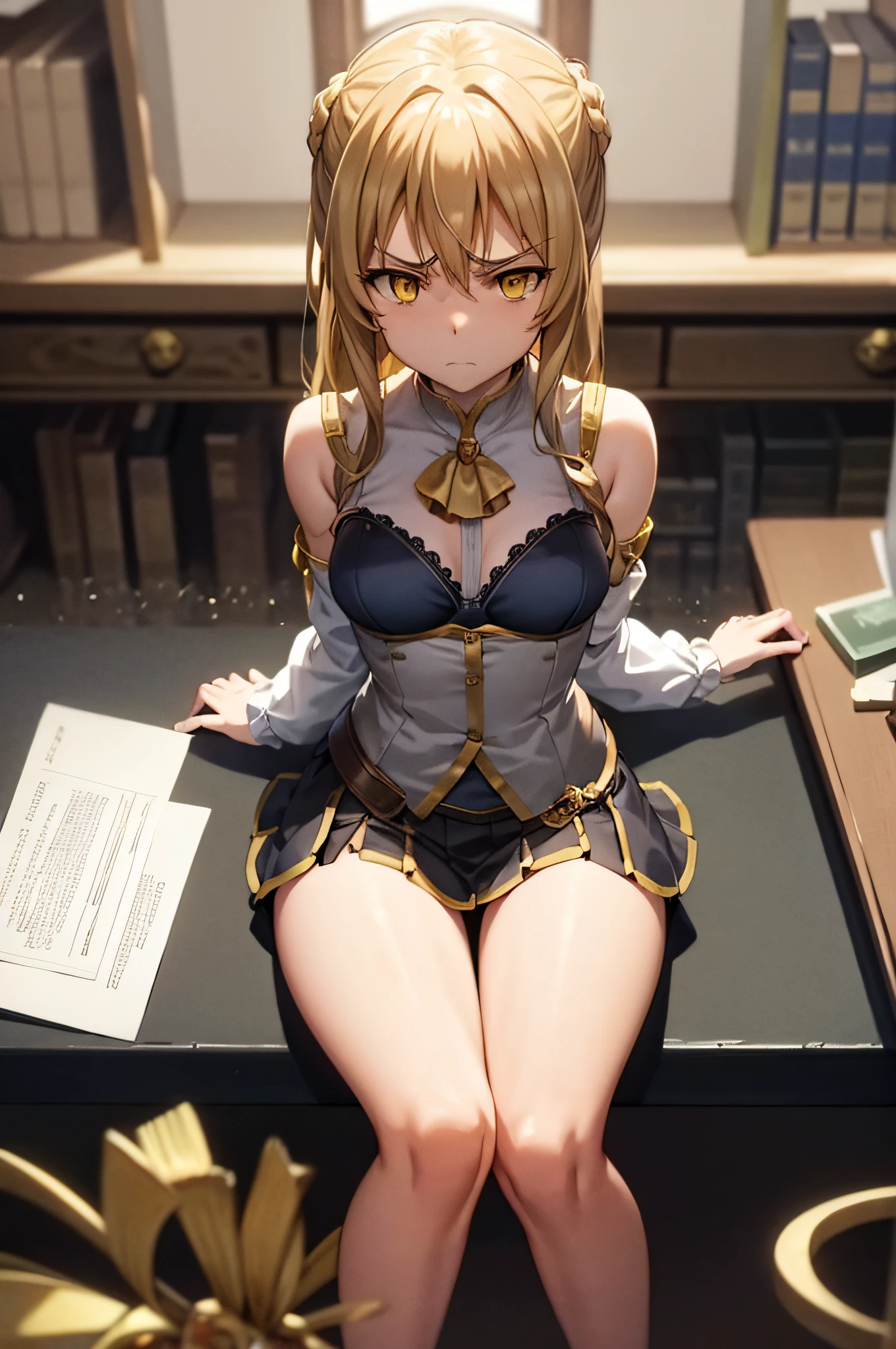 guild girl, long hair, blonde hair, yellow eyes,bra,mini skirt,split spread legs sitting,((looking disgusted)) very angry disappointed