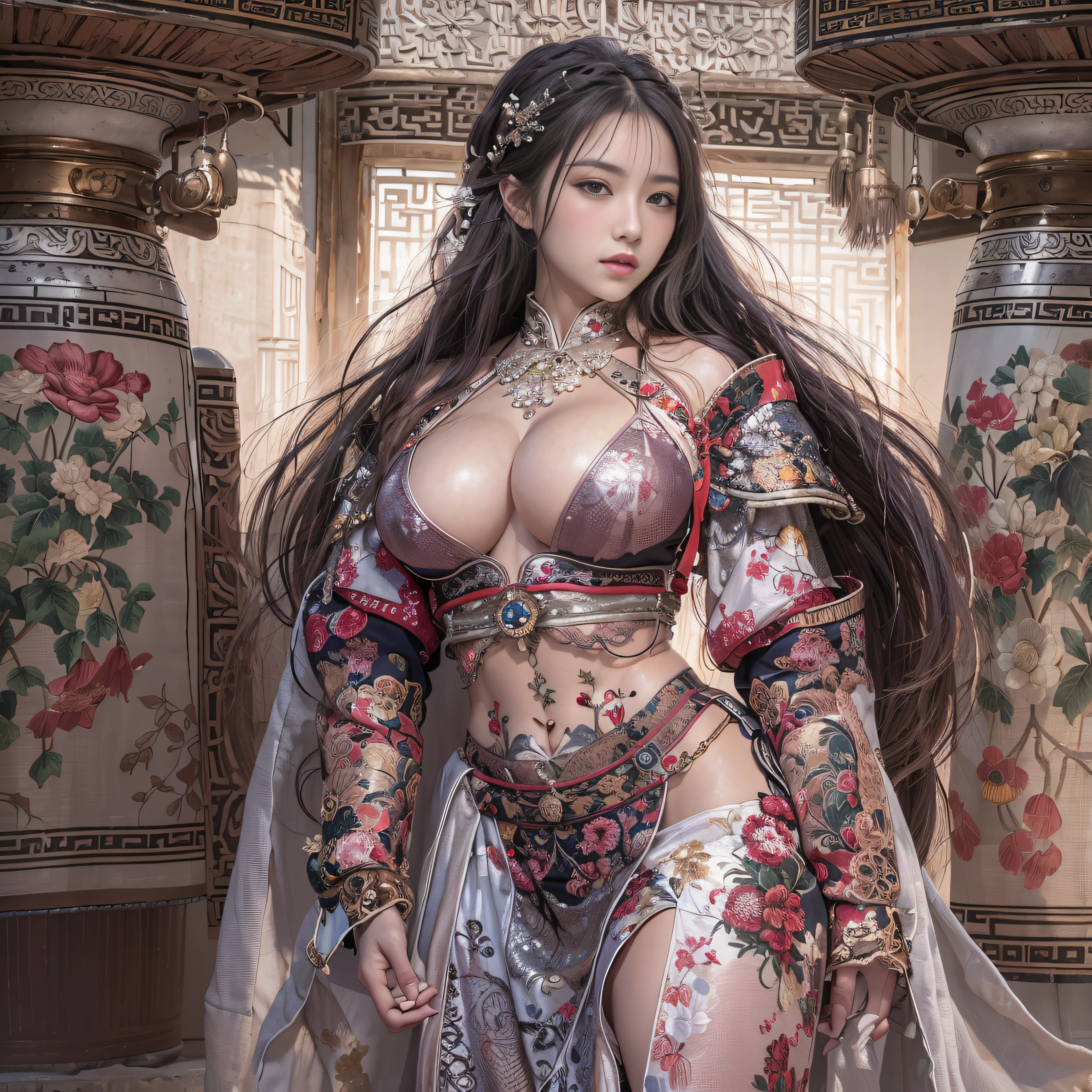 photorealistic portrait, high-res, Soft light,1woman, bara, full body image, Slender Figure, Beautiful hips, gleaming skin, Overflowing big breasts, Reveal the breasts...., (higly detailed face), Beautiful Chinese Armor