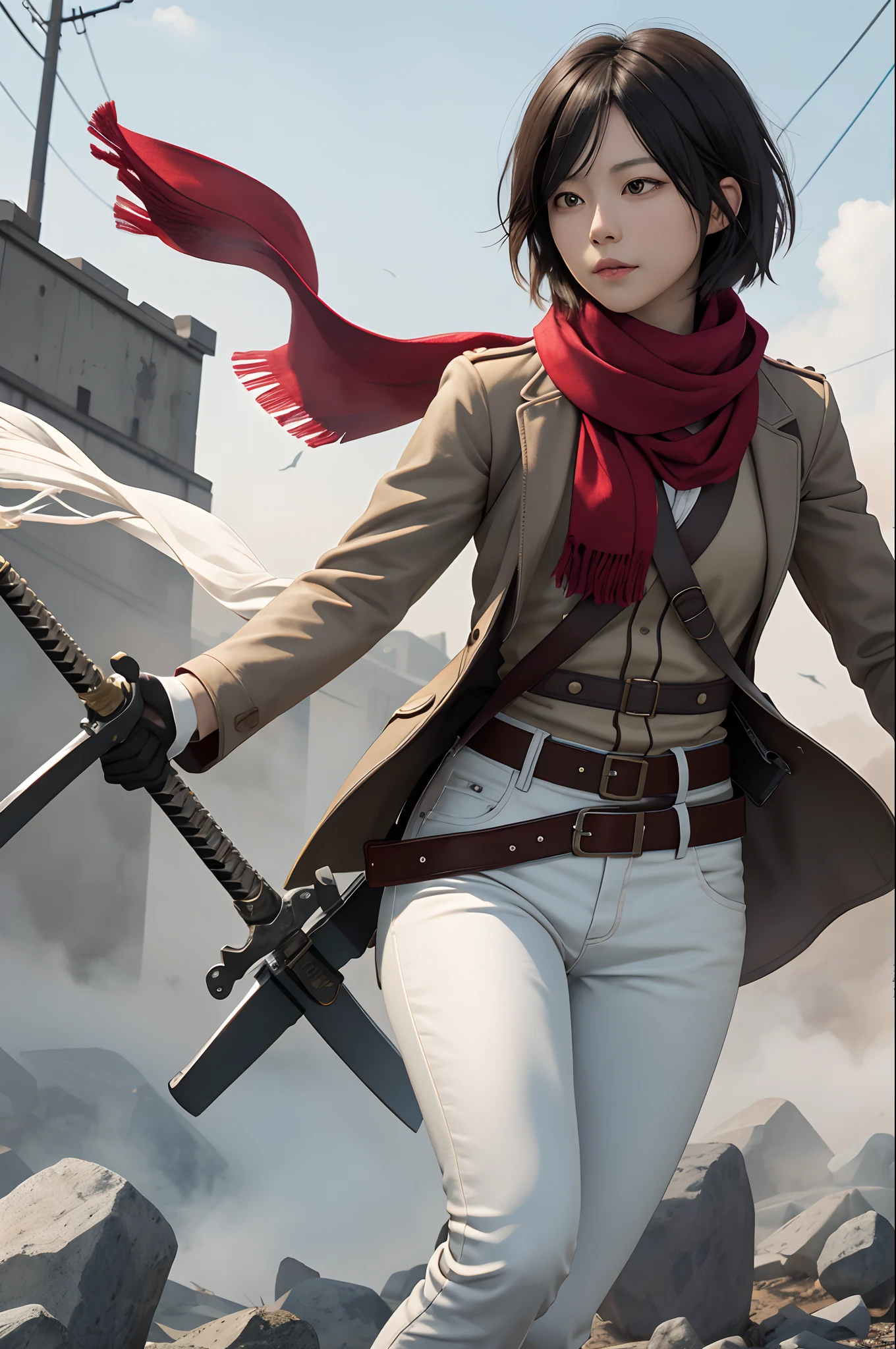 Masterpice, 4k quality, Mikasa, Masterpiece, Best quality, A high resolution, Short hair, Black eyes, Scarf, emblem, belt, thigh band, Red scarf, White pants, Brown jacket, Long sleeves, holding weapon, sword, dual wielding, Three-dimensional electric gear, Arms spread wide, standing on one leg, Wide shot, sky, Highest quality, high resolution.