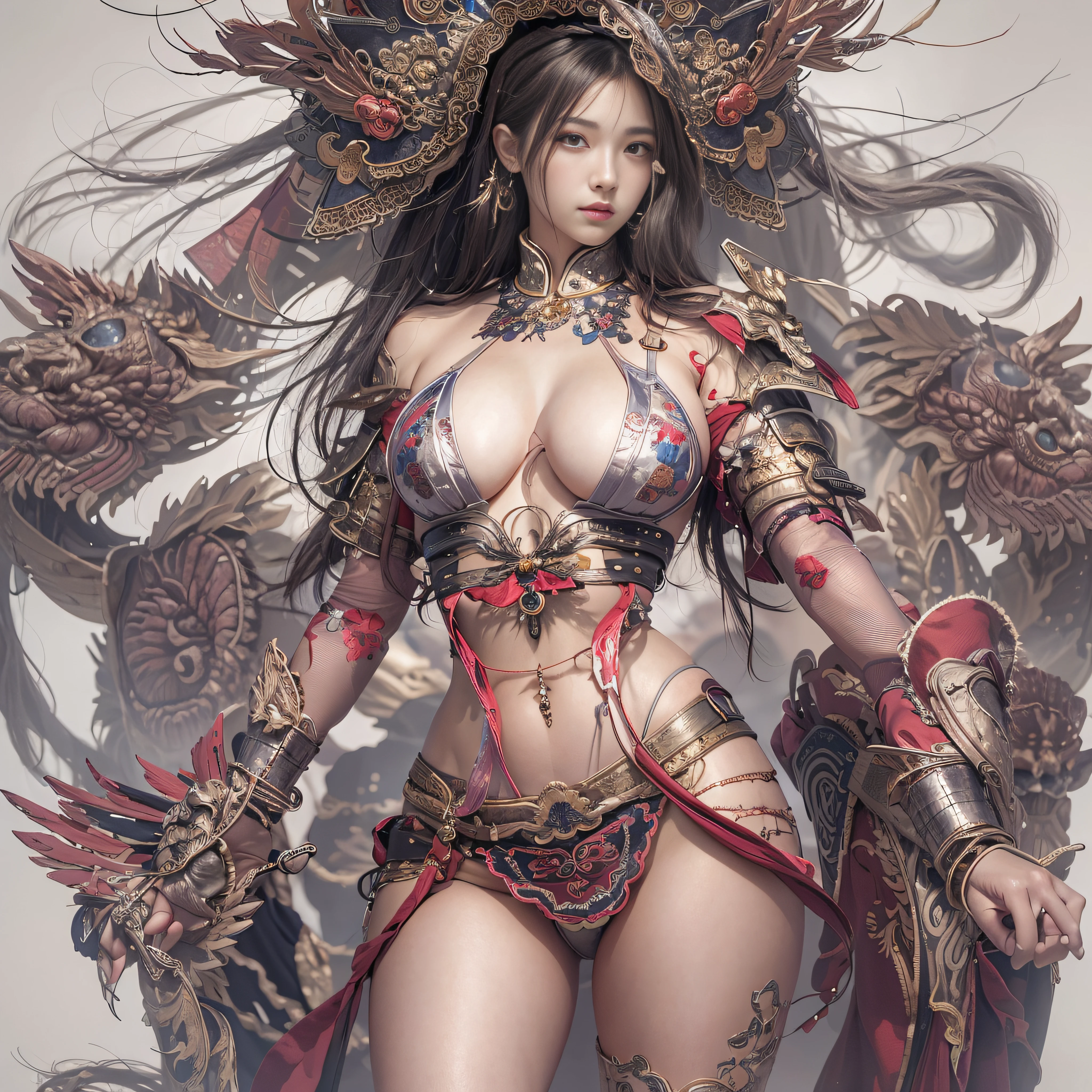 photorealistic portrait, high-res, Soft light,1woman, bara, full body image, Slender Figure, Beautiful hips, gleaming skin, Overflowing big breasts, Reveal the breasts...., (higly detailed face), Beautiful Chinese Armor