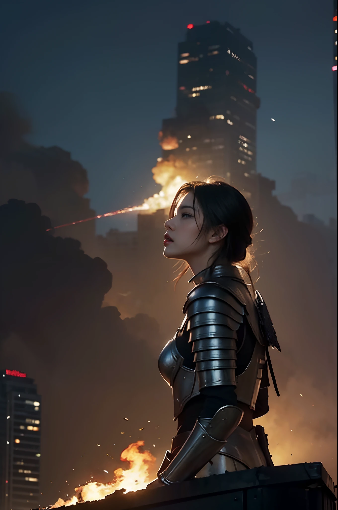Realistic rendering of glowing female heroes in state-of-the-art armor, Let her rise against hordes of monsters fused with swirling black smoke. The skyline of the city is marked by crumbling skyscrapers, fires, And the swirling smoke, Monsters powdered by her attacks々will be blown away by. The armor is silver-plated and shiny