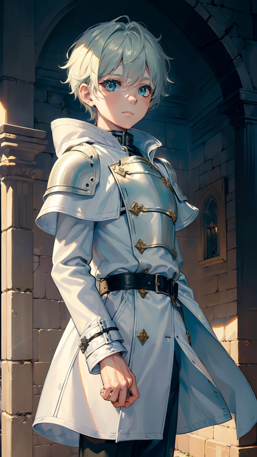 (((((boy))))), masterpiece, ultra detailed, 8K Portrait, Raw photo, a portrait photo of, Highly detailed face, beautiful and meticulous eyes, ((Fantasy)), 10 year old boy, Medium wavy light green hair, Kind face, Cute smile, knight trainee, (((light leather armor))) (((white silk long coat))) Fluttering in the wind, Leather boots, (((equip a short sword))), Midday Sun, Hyper realistic, in a castle, Ambient lighting, Shadow details , strong breeze, Light fog