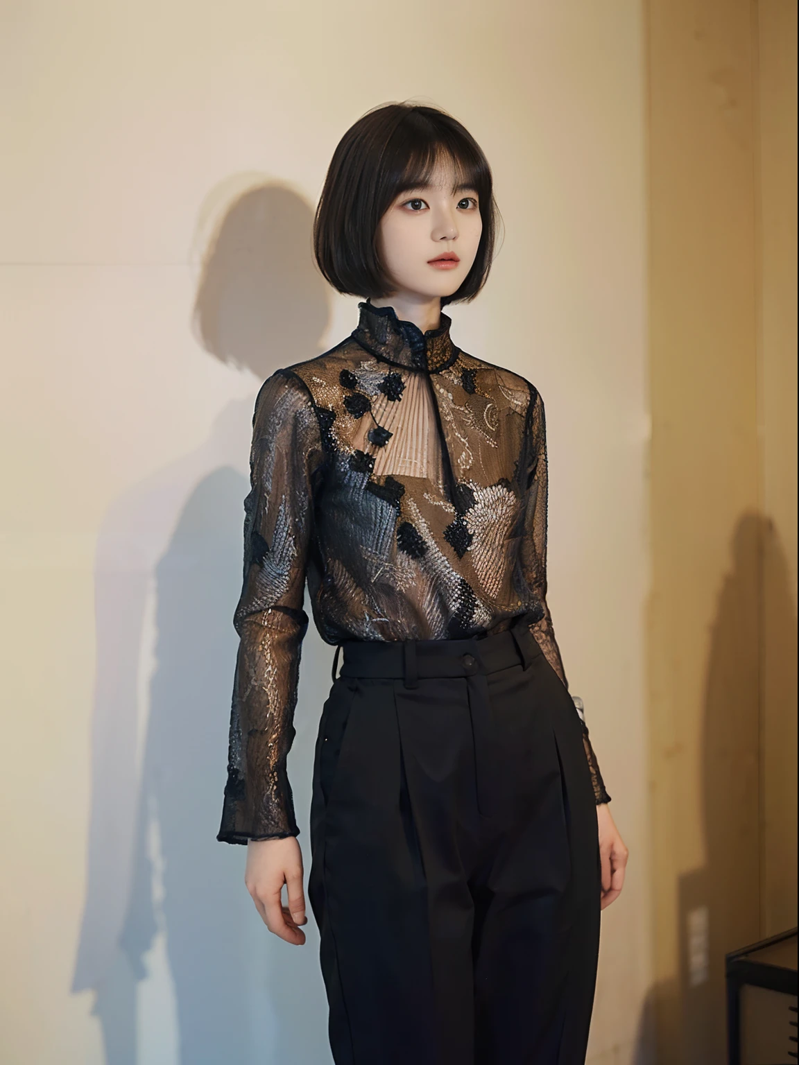 20
(Shorthair:1.3), (a 20 yo woman), (A hyper-realistic), (masutepiece), (8KUHD), Woman in long pants, Small eyes, Focus on the face, (The walls of the room are fractal abstractions:1.23)