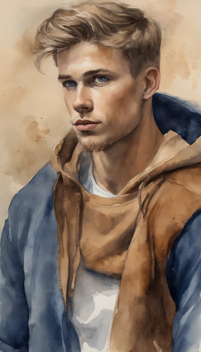 23 year old Dutch guy, dark blonde hair, dark blue eyes, looking proud, standing straight, light skin, wearing a brown hoodie, hair is like frenkie de jong