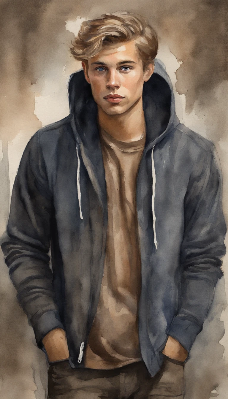23 year old Dutch guy, dark blonde hair, dark blue eyes, looking proud, standing straight, light skin, wearing a brown hoodie, hair is like frenkie de jong