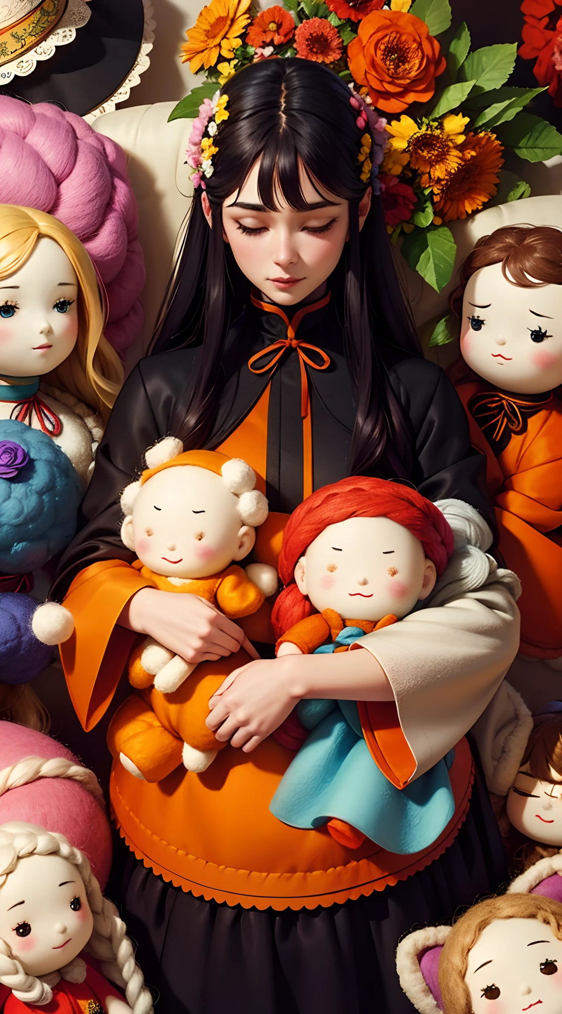 A wool felt doll surrounded by various flowers，Dolls have real faces，The clothes and hair are made of wool felt。a warm color palette，