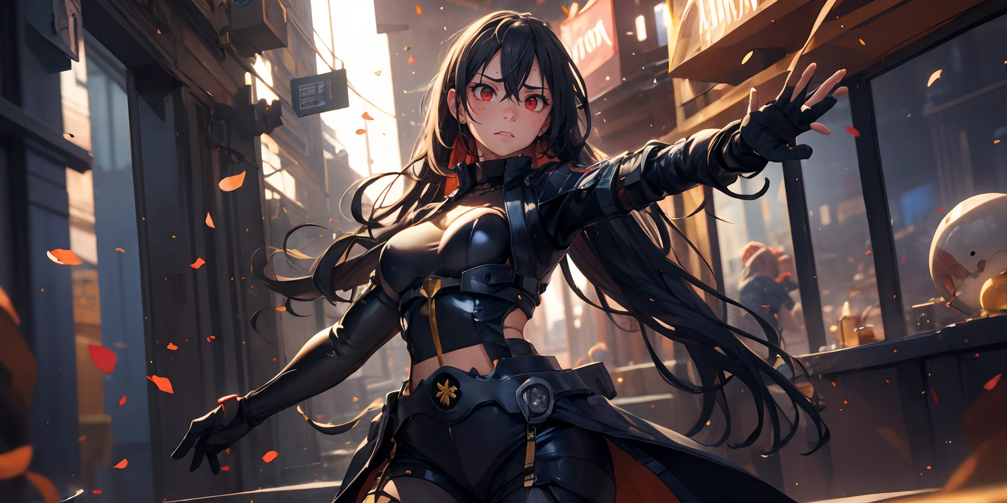 (long hair, black hair:1.6), red eyes, 1girl, petals, breasts, bodysuit, gloves, floating_hair, solo, parted_lips,  indoors, looking_at_viewer, wind, medium_breasts, black_gloves, dutch_angle, large_breasts, outstretched_arms, glow effects, godrays, Hand drawn, render, 8k, octane render, cinema 4d, blender, dark, atmospheric 4k ultra detailed, cinematic, Sharp focus, big depth of field, Masterpiece, colors, 3d octane render, 4k, concept art, trending on artstation, hyperrealistic, Vivid colors, extremely detailed CG unity 8k wallpaper, trending on CGSociety, Intricate, High Detail, dramatic, glowing eye, (heavy breathing:1.5)