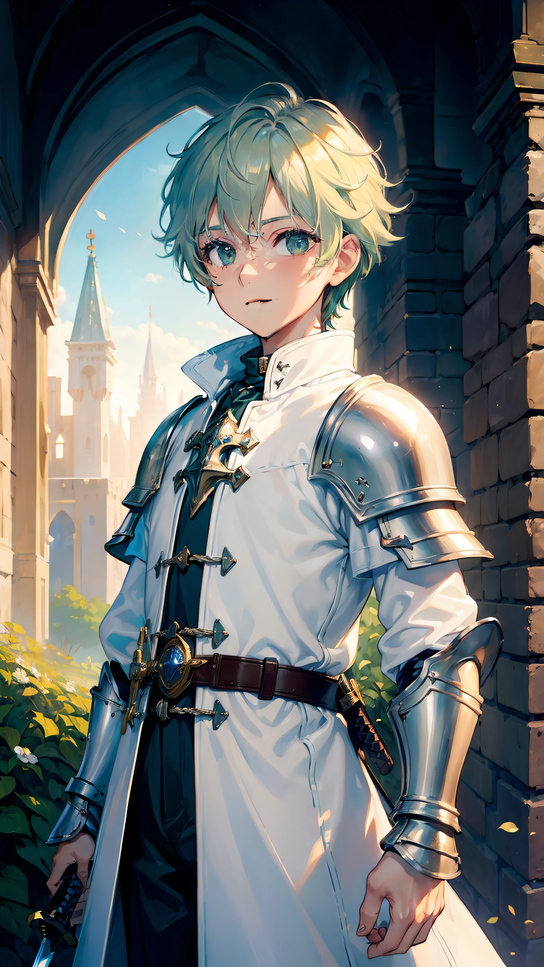 (((((boy))))), masterpiece, ultra detailed, 8K Portrait, Raw photo, a portrait photo of, Highly detailed face, beautiful and meticulous eyes, ((Fantasy)),  boy, Medium wavy light green hair, Kind face, Cute smile, knight trainee, (((light leather armor))) (((white silk long coat))) Fluttering in the wind, Leather boots, (((equip a short sword))), Midday Sun, Hyper realistic, in a castle, Ambient lighting, Shadow details , strong breeze, Light fog