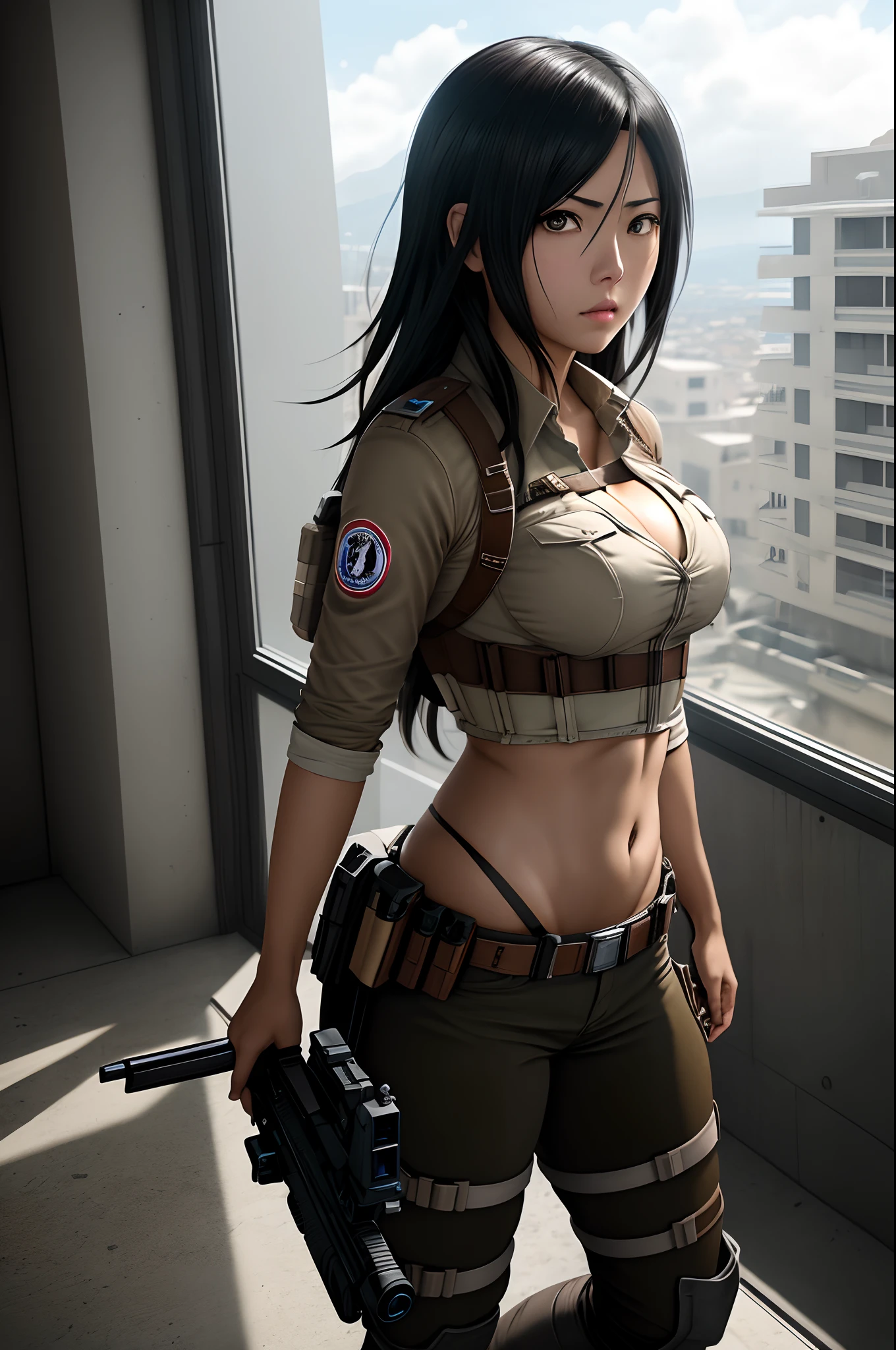 (obra-prima, alta resolução, realista:1.4), Mikasa Ackerman fazer anime "Attack on Titan", dressed in a torn uniform that partially exposes her breasts and features a pair of ripped pants revealing her buttocks, The tight suit accentuates the magnificence of his body, Perfect lighting to enhance your beauty, profundidade de campo (DOF), Super-Resolution, High megapixel rendering, cinematic lighthing, Anti-aliasing techniques (FKAA, TXAA, RTX), SSAO (Screen Space Environment Occlusion), post-processing effects, Mapeamento de Tons, fierce and determined expression, cicatrizes de batalha, dynamic compositing, intensidade cativante, Texturas contrastantes, aura resoluta, usando langerie. NSFW