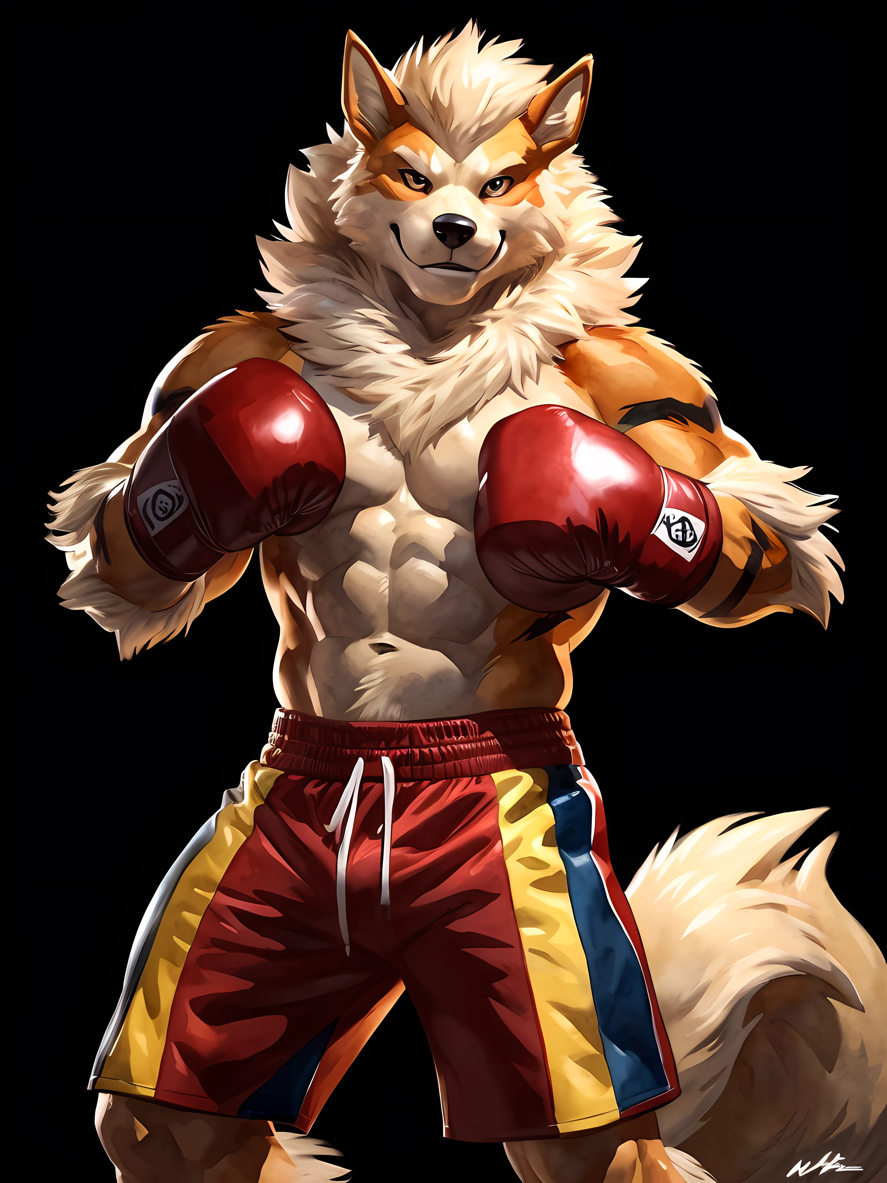anthro Arcanine, posing for the camera, wearing boxing gloves. 4k, high resolution, best quality, posted on e621, (solo:1.2), anthro body, male, (mane:1.1), adult, masculine, (very muscular, heavyweight:1.2), correct anatomy, (black background, no background, featureless background:1.2), (by wfa:1.2), (by chunie, by Taran Fiddler:0.8), (detailed eyes:1.2), sexy, (cel shaded:1.2), cartoony shading, (watercolors:1.2), (fluffy tail:1.2), (full body:1.2), cocky smile, single lowered brow, (boxing gloves:1.1), (boxing trunks:1.1), (looking at viewer:1.2), bright eyes, (strong shadows, partial shadows, dramatic lighting)