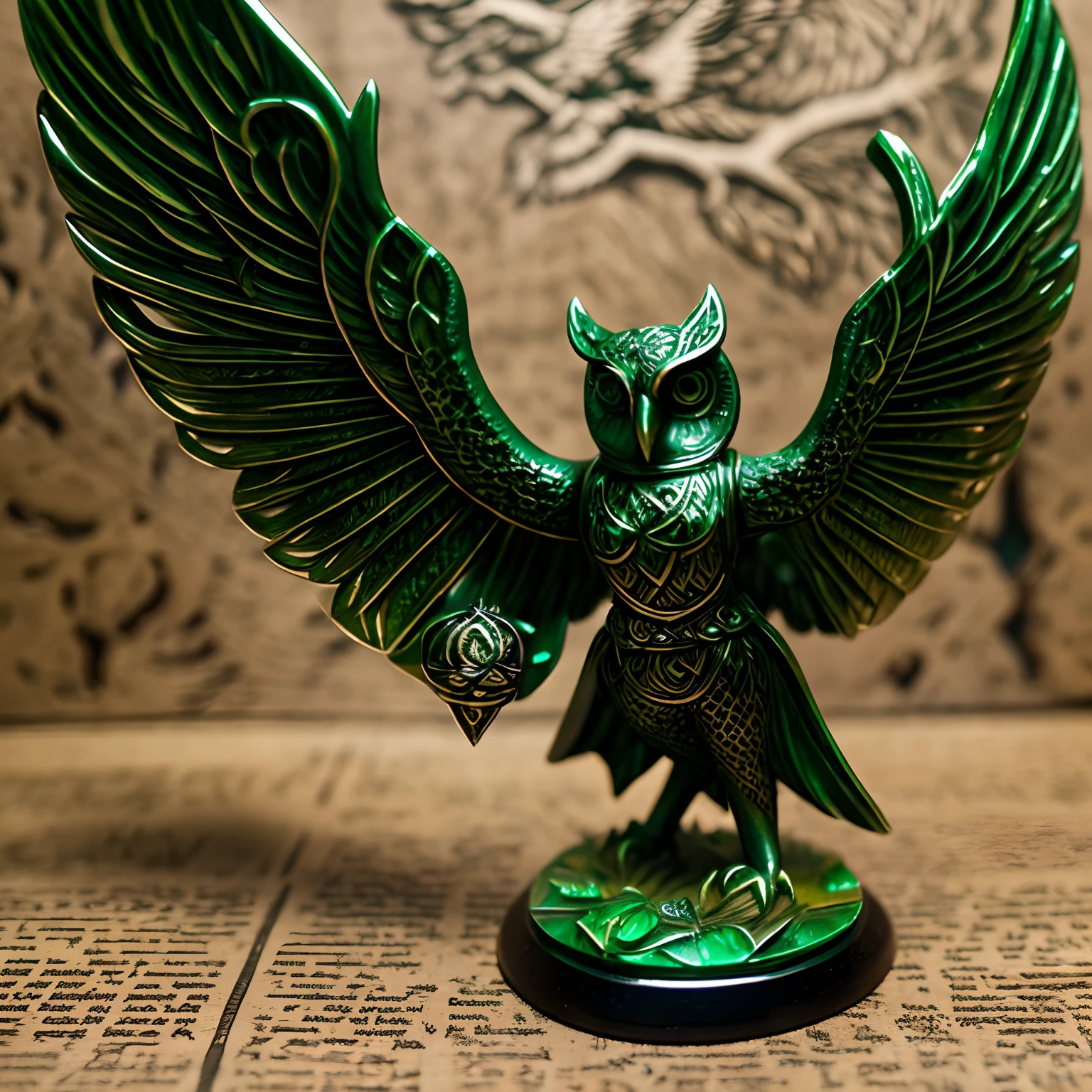 RPG Model,CeltPunkAI ,Emerald figurine ,owl (( solo)) With outstretched wings stands against the background of a birch forest ,Her wings are visible , Front light.