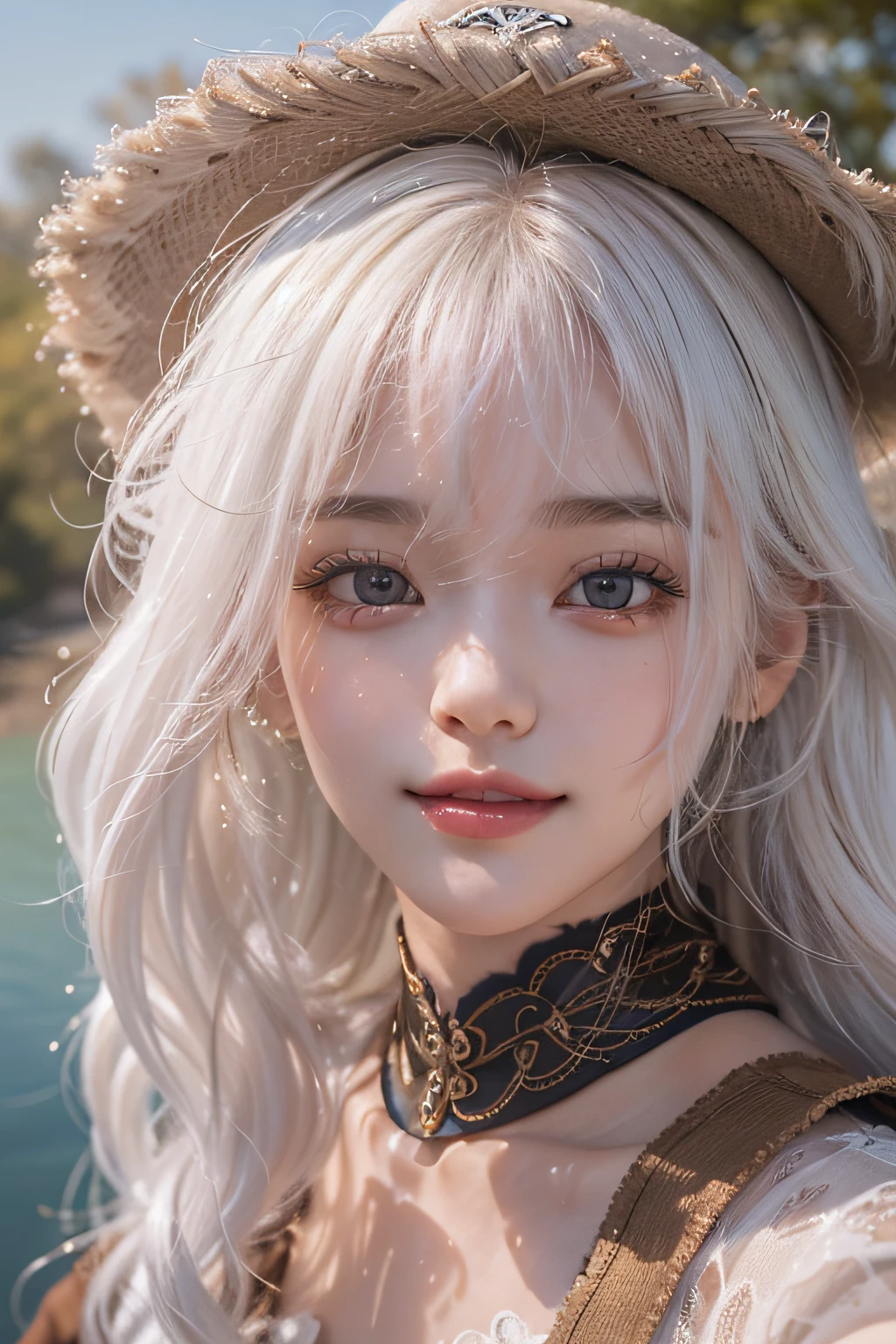 ((upper Shot))、(Photoreal Stick:1.2)、8K UHD、hight resolution、(2 girls)、in her 20s、(looking at view)、(white  hair), (Medium Hair)、(Pattsun bangs)、((The best smile))、(High quality shadows)、Detail Beautiful delicate face、Detail Beautiful delicate eyes、Pretty Kpop Girl、(Korean Urzan Face)、(ulzzang -6500-v1.1:0.6)、pureerosface_v1、gloweyes、perfectbody、 Incredible dynamic range photography(UTIL_Art by Smoose-768:1.1),(wetting hair)、(wetted skin)、 teak、Bright red lipstick、Glossy lips、(a choker)、((Brown eyes))、((Beautiful Finger))、 Shiny hair、Description beautiful delicate hair、(Lustrous skin)、(Knitted dress with hood)、Profile sitting on the grass on the riverbed where the sun is dazzling and blowing soap bubbles、