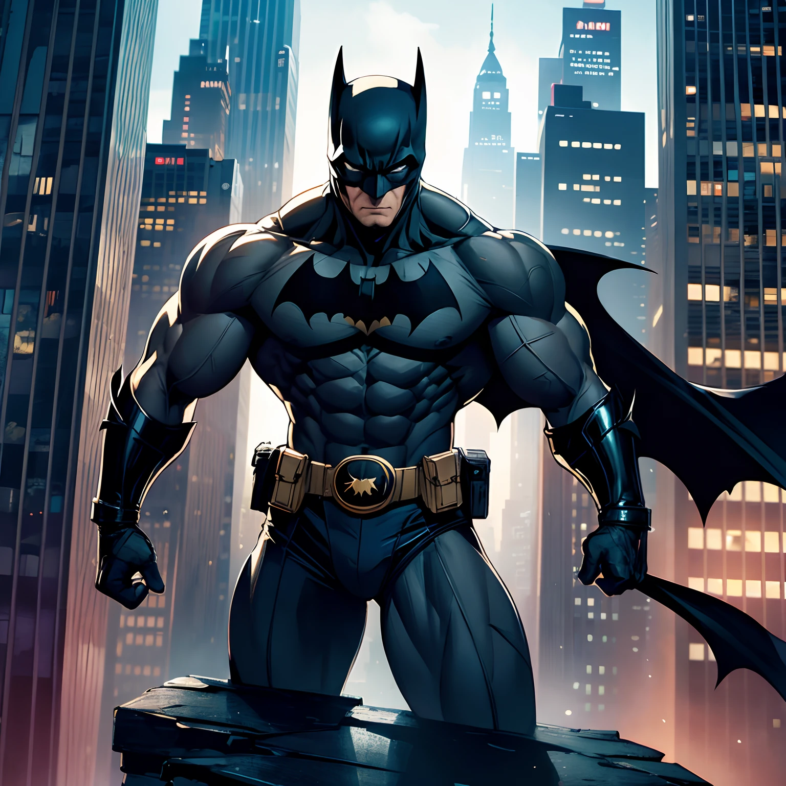 Batman, muscular, muscles, close up, standing on a ledge, Gotham, low angle