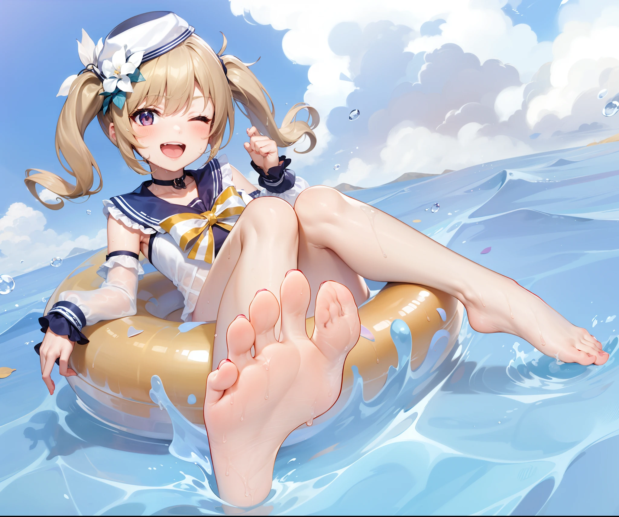 1girl,one eyes closed,smile,open mouth,small lady serenity, swimsuit,reach out feet,feet focus,(five toes1.5),sweating,steam,wet clothes,bare legs,in the water