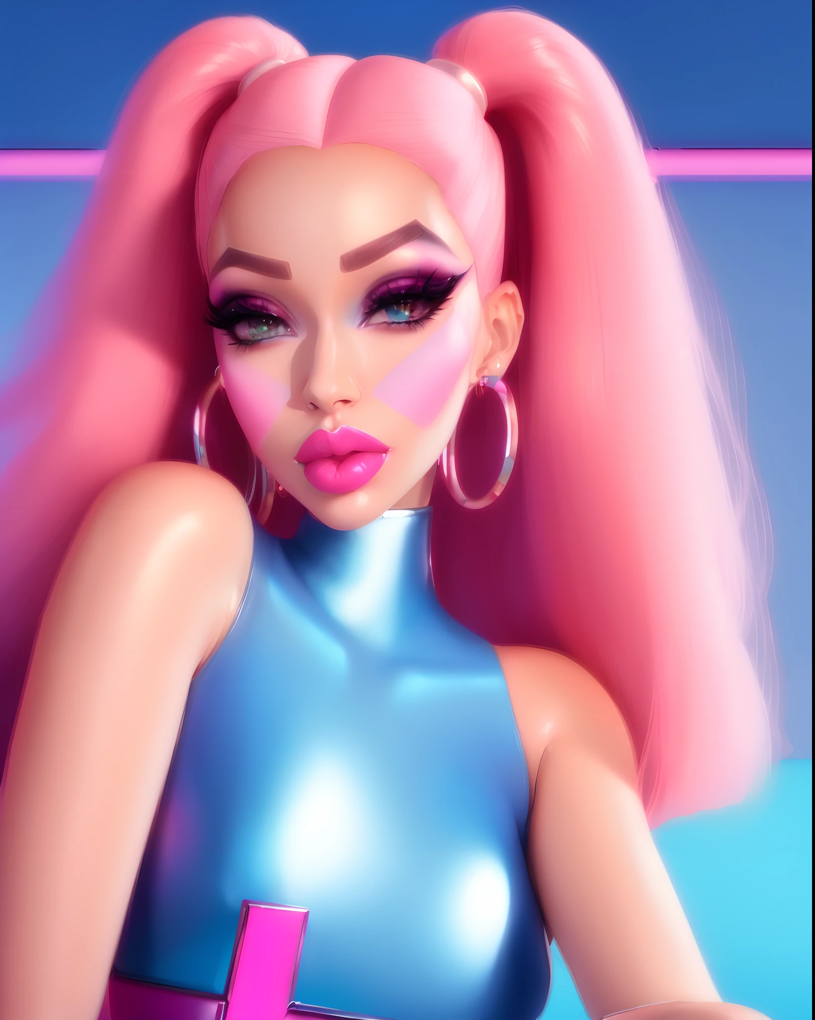 2girl, solo, (slutty bratty bimbo:1.1), fashion two women with long hair and big hoop earrings on their heads, official artwork, inspired by Barkley Hendricks, symmetrical!!!, jen bartel, cardi b, nicki minaj, gigantic pink ringlets, symmetrical!!, wig, patron saint of 🛸🌈👩🏾, no double head, symmetrical!, by Lily Delissa Joseph, pink hair covered with hairpins
realistic proportions,
(subsurface skin scattering:1.2), (shiny skin:1.2).2), 3d, waxy skin, skin pores, plastic, glossy,
Big bimbo lips, clear lipgloss , , nose, parted lips, clear skin no makeup or eyeshadow no lipstick dramatic eyelashes 

studio_ghibli_anime_style style, copeseethemald style, thepit bimbo