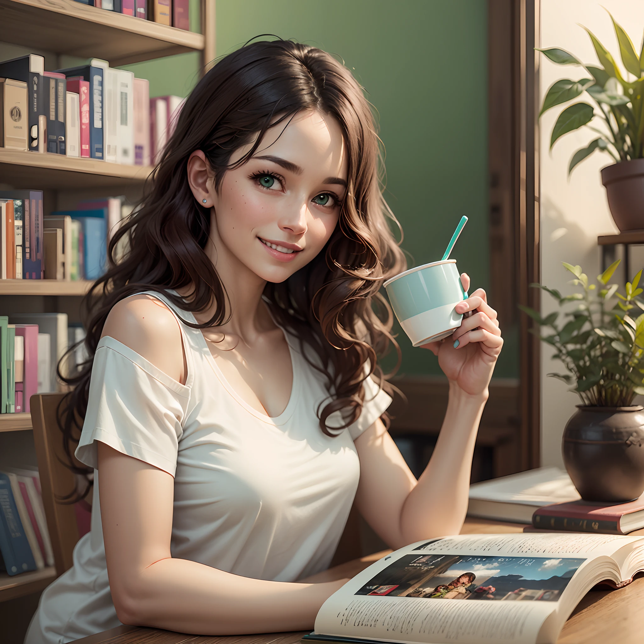 detailed (realistic), vivid photography, 35 year old woman, shoulder-legth brown wavy hair, brazilian, cute, slim, wearing white t-shirt, smiling, drinking coffee in front of a small boookshelf with books, geek toys, and green plants --auto --s2