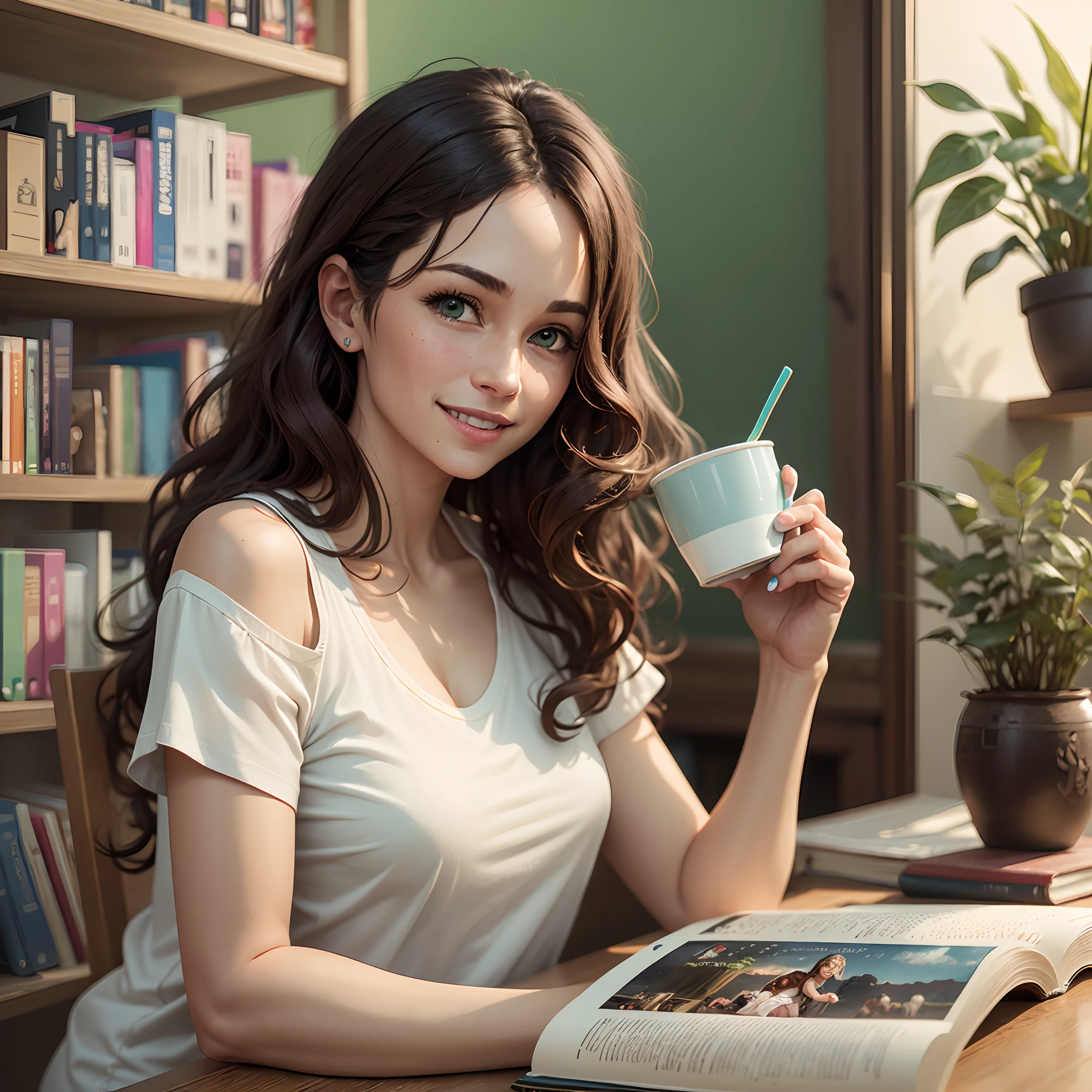 detailed (realistic), vivid photography, 35 year old woman, shoulder-legth brown wavy hair, brazilian, cute, slim, wearing white t-shirt, smiling, drinking coffee in front of a small boookshelf with books, geek toys, and green plants --auto --s2