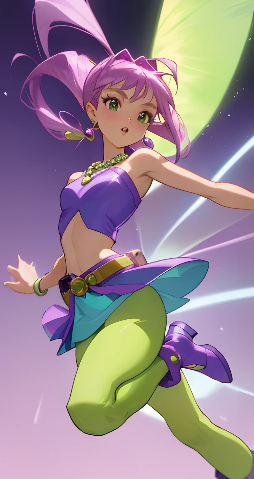 Tecna winx fairy one-shoulder, lilac crop top-styled shirt with an electric green trim running along the topmost hem, a green miniskirt bound to her waist with a white belt that has a small pouch that rests on her right hip, lilac-colored leggings that stop just below the knees, and lilac-colored knee-high heeled boots each with open toes and a pair of small purple belts that wrap around her calves and ankles. Hair is very short and bright purple; big green earrings to her five bracelets (two gold on her right wrist and three on her left that come in different colors) and her large blue-and-yellow beaded necklace.