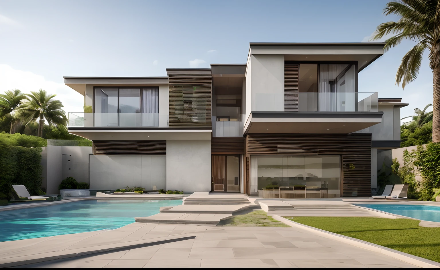 Villa, exterior, garden landscape, a pool with clear water, daytime, realistic, Raw photo