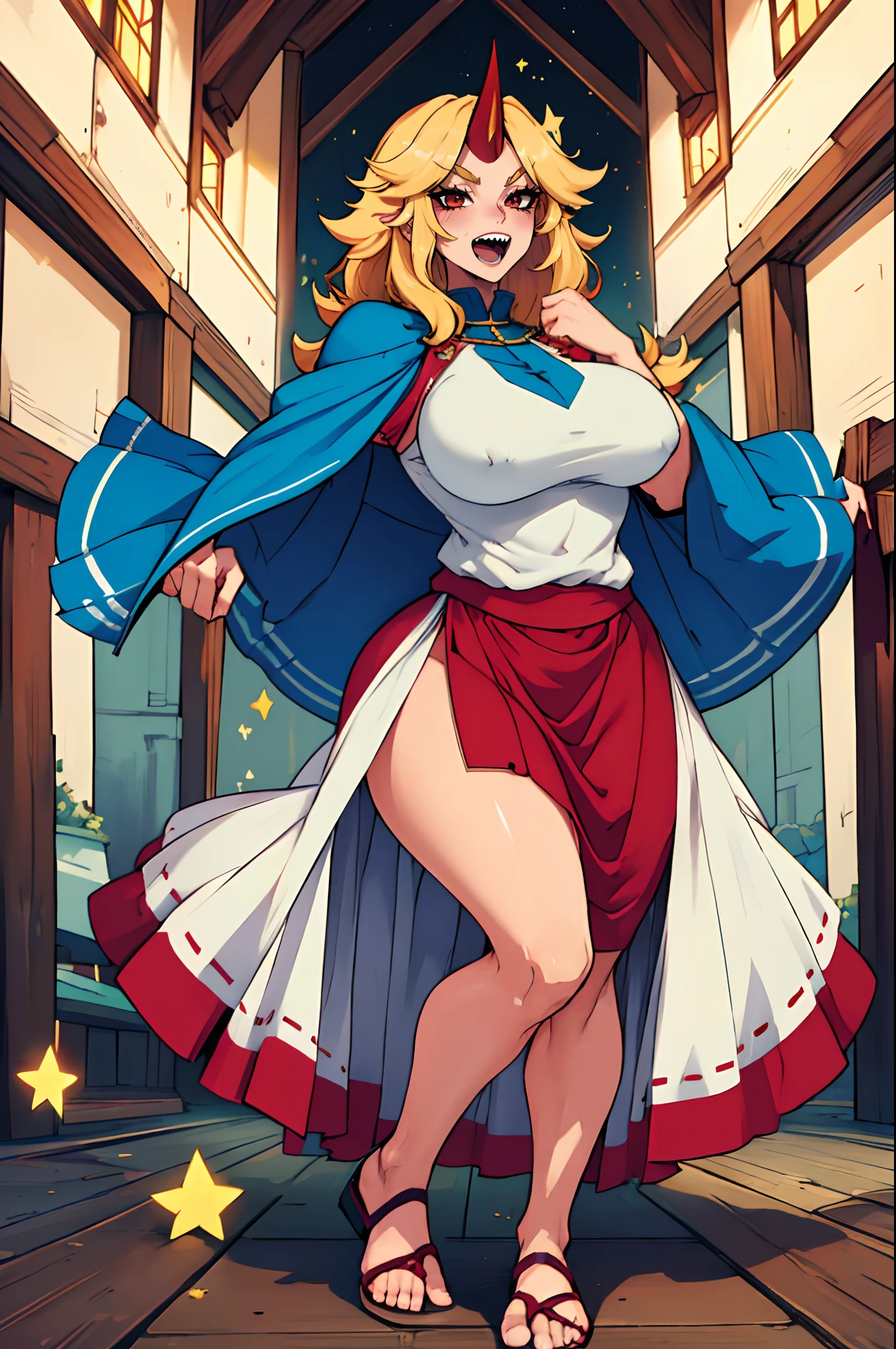 hoshiguma yuugi, european medieval cloths, crazy smile, medium breast, large skirt, long skirt, flipflops, full body, standing, medieval clothing,long skirt,(best quality,4k,8k,highres,masterpiece:1.2),ultra-detailed,(,1.37),portraits,vivid colors,warm tones,soft lighting, sharpteeth open mouth ,smile, double long skirt, long sleeves, white pullover, red and blue skirt,ultra-detailed hands