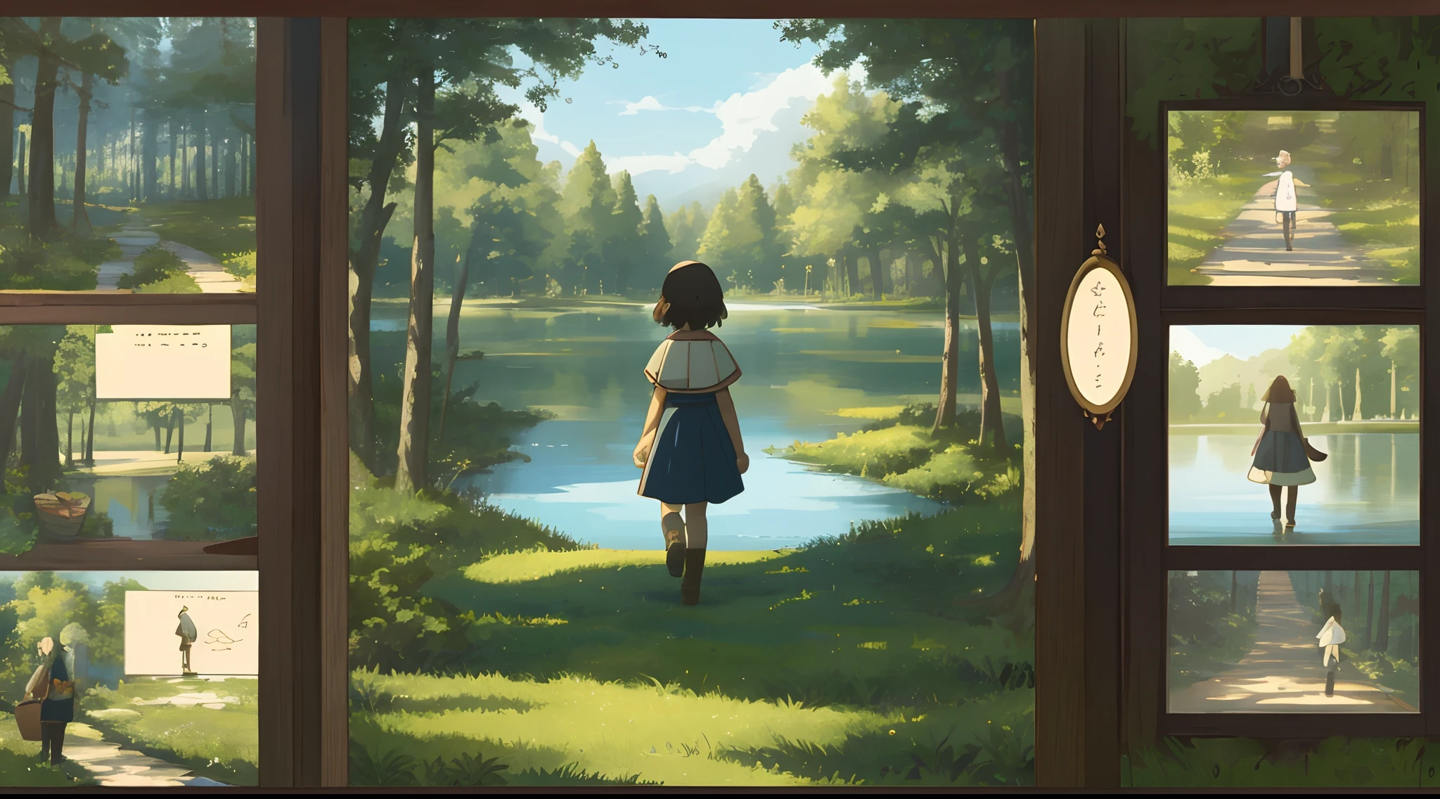 A storyboard of a short anime about a mysterious one-headed creature and a girl who picked it up, Number the frames from 1 to 6 in the order of reading from top left to bottom right, Frame 1: A forest scenery where the girl and the creature meet, Frame 2:A back view of the girl walking with a basket, Frame 3: A top view of the girl walking, Frame4: A picture of the girl and the creature floating in the lake staring at each other, Frame 5: A side view of the girl's curious face looking to the left, Frame 6: A picture of the girl's hand reaching out to the creature,