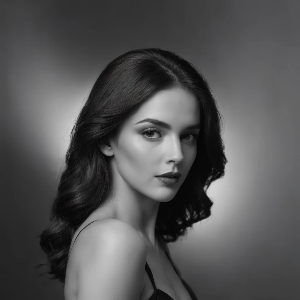 A stunning black-and-white composition with a balanced model in a studio environment. The model stands out with confident balance, retroiluminado por um brilho suave que delineia sua silhueta. O jogo de luz e sombras cria uma atmosfera sedutora, casting dramatic contrasts that emphasize the contours of the model. The background is a subtle mix of deep dark tones and faint outlines, Enhancing the enigmatic environment,parte superior do corpo