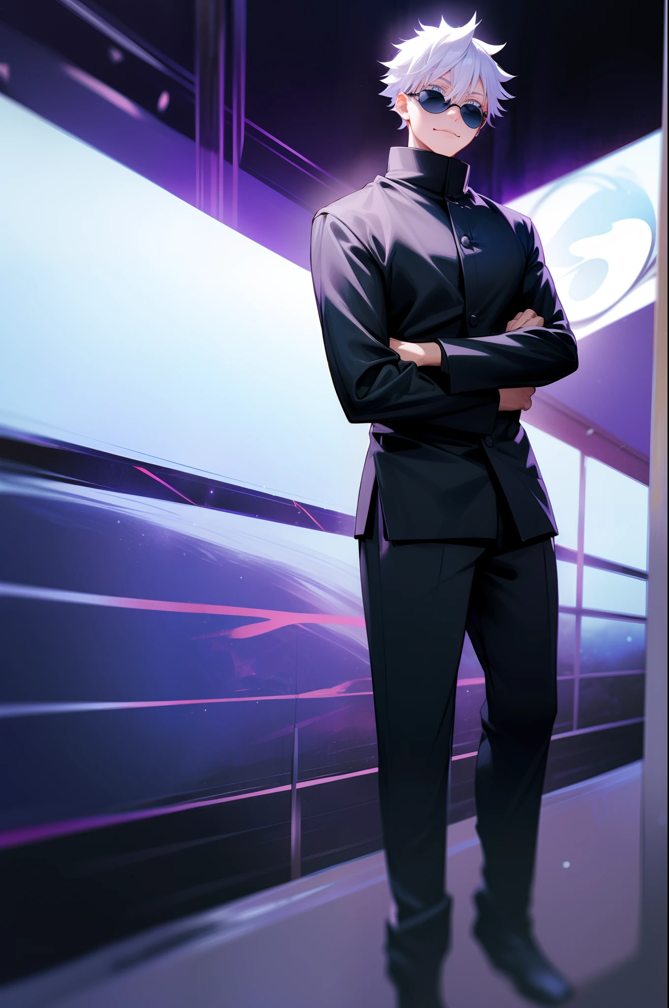 masterpiece, best quality, 1boy, (gojo), white hair, standing, black clothes, jujutsu kaisen dress, jujutsu kaisen, black tigh outfit, blue eyes, detailed eyes, detailed face wearing sunglasses, circular black glasses, aura power, night, natural light, standing in dark light place,, male focus, movie composition, deth of field, bokeh, (futuristic), (full body), (masterpiece), best quality, expressive eyes, perfect face,