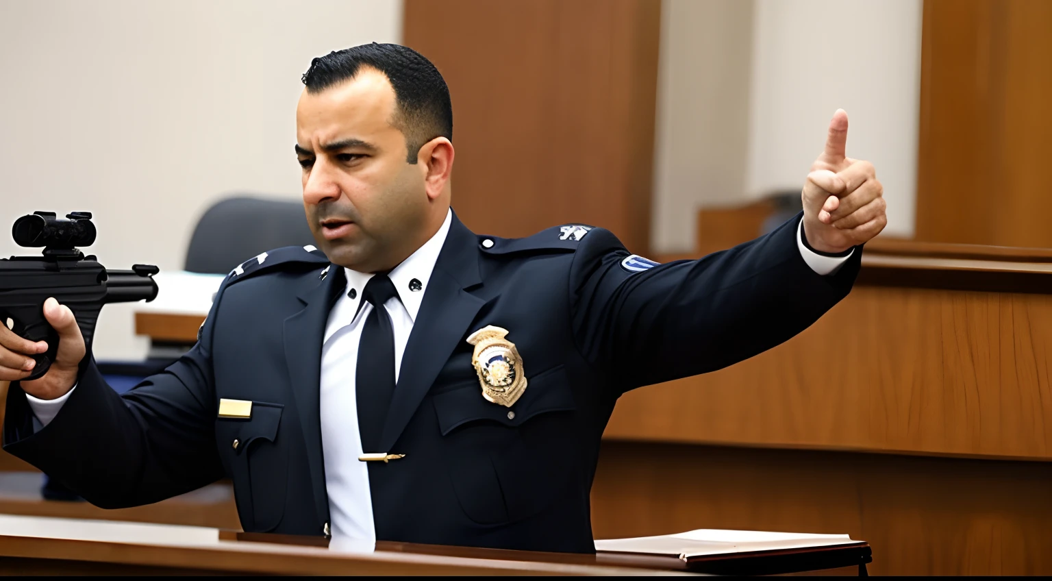 arafed police officer pointing a gun at a courtroom, cop, he has a pistol!!, menacing!!!, menacing, police shootout, pointing a pistol at us, violent, police state, courtroom scene, powerful scene, youtube thumbnail, in court, in a courtroom, violence, menacing!, gunfire, defense attorney, unarmed combat, police officer hit