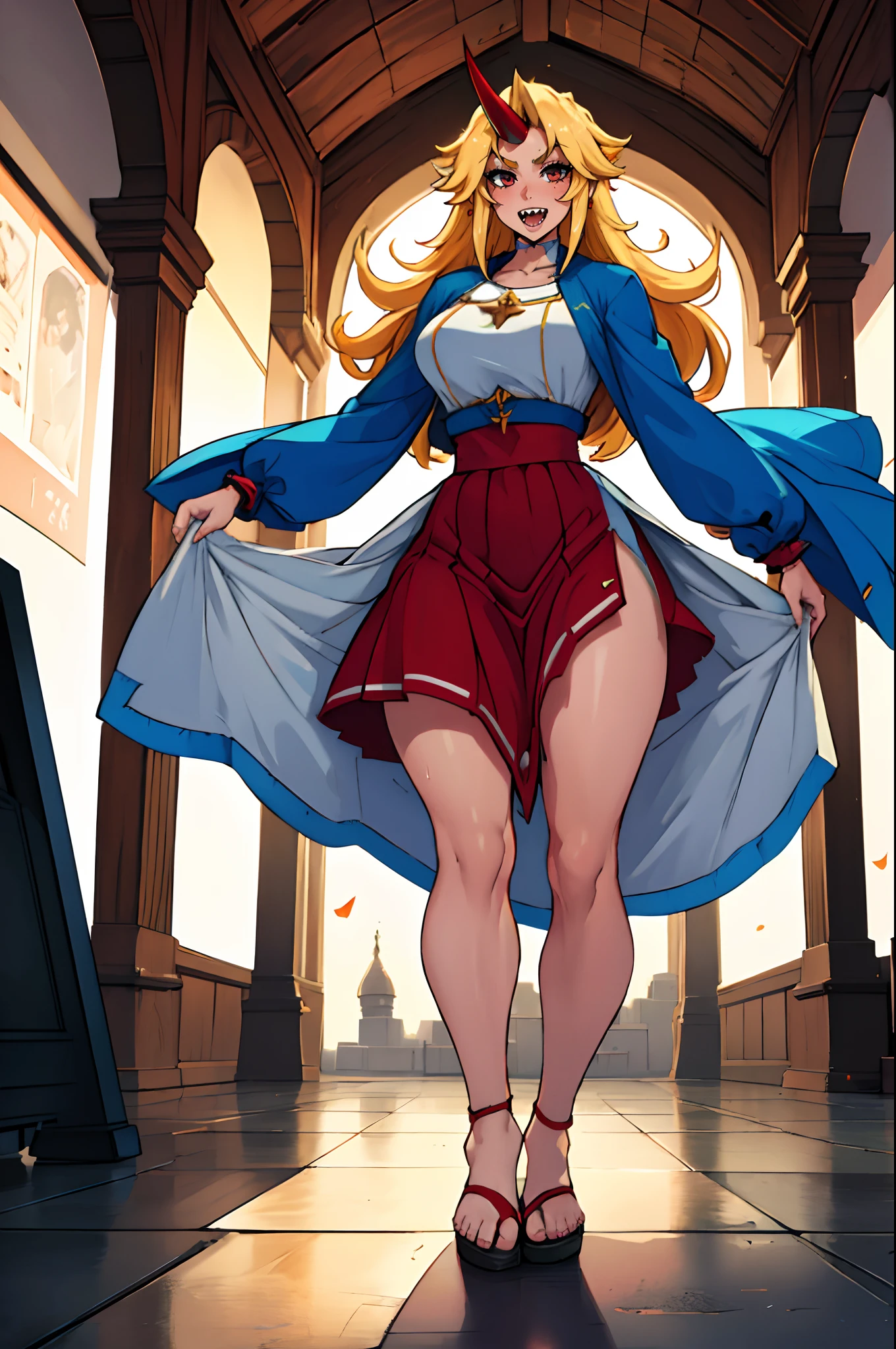 hoshiguma yuugi, european medieval cloths, crazy smile, medium breast, large skirt, long skirt, flipflops, full body, standing, medieval clothing,long skirt,(best quality,4k,8k,highres,masterpiece:1.2),ultra-detailed,(,1.37),portraits,vivid colors,warm tones,soft lighting, sharpteeth open mouth ,smile, double long skirt, long sleeves, white pullover, red and blue skirt