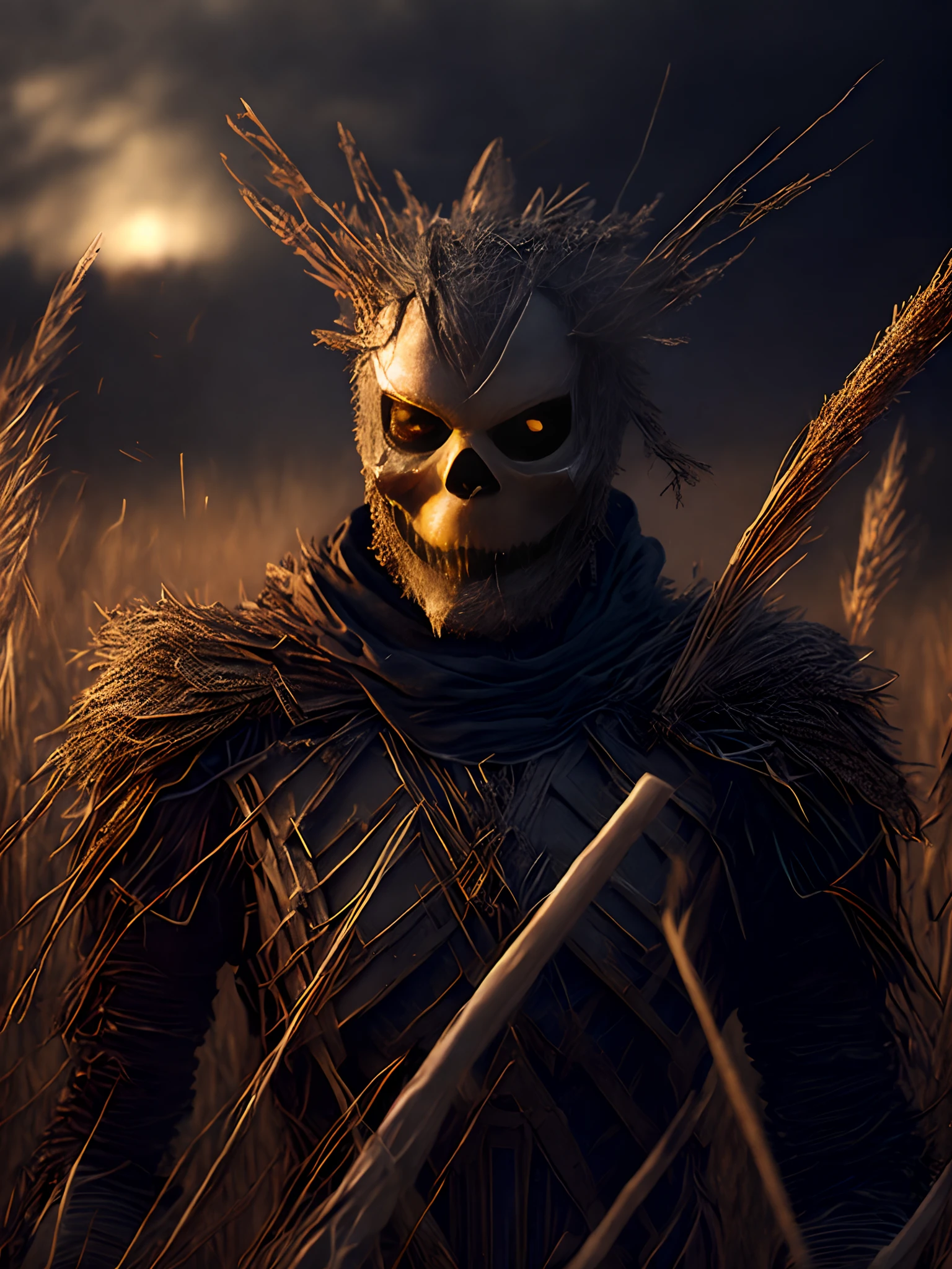 Close-up ( Scarecrow creepy straw face from Marvel in Goth style: 1.3) emerging from the dry Cornfield, extremely detailed, smoke, sparks, metal shavings, flying debris, volumetric light