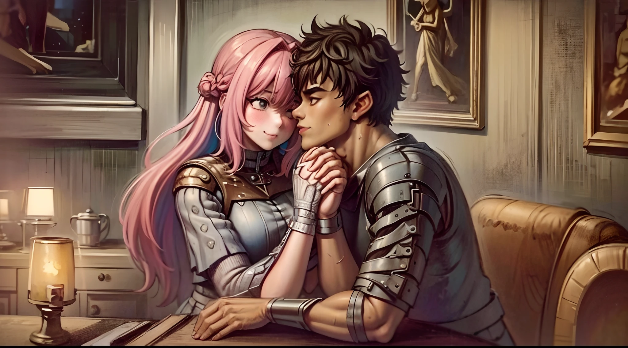 riamu,guts,couple,husband and wife,love dovey couple,sitting,hug,kiss,smile,(best quality,4k,8k,highres,masterpiece:1.2),ultra-detailed,(:1.37),traditional oil painting,romantic evening scene,soft lighting,vivid colors,expressive brushstrokes,late summer sunset,whispering sweet nothings,gentle breeze,dreamlike atmosphere,glowing warmth,subtle smiles,loving gazes,delicate touch,fingers intertwined,heartfelt connection,embrace that speaks volumes,endless love,unbreakable bond,pure happiness,eternal love,deep affection,contentment in each other's arms,goosebumps of joy,cheeks filled with blush,a moment frozen in time,celebration of love's beauty, berserk, idolm@ster,standing, medieval clothing, long skirt, (best quality, masterpiece:1.2), ultra-detailed, (, 1.37), portraits, vivid colors, warm tones, sharpteeth open mouth, smile, soft lighting, Renaissance, Neoclassicism, interior architecture, rococo style, Art Deco, high detail, American propaganda poster, Baroque, Contemporary art, Constructivism, Dutch Golden Age painting, Northern Renaissance, Monet, Luminism, Ghibli-like colours, Classicism, Art Nouveau, anime style, Post-Impressionism, Pixar, Verism, pre-rephaëlite painting, Fujicolor, ray tracing, 4k, 8k, highres, best quality, highres, 1080P, HD, 4K, 8k, award winning, high details, textured skin, ccurate, masterpiece, retina, UHD, anatomically correct, super detail, textured skin, 16k