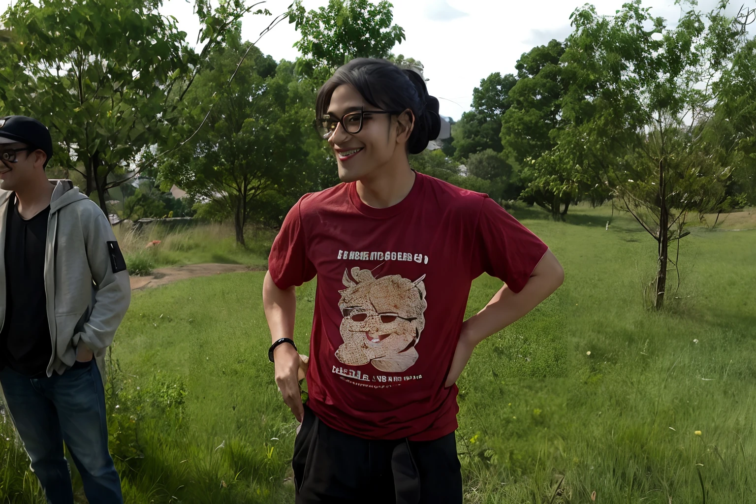 Anime, medium bun hair, smile, glasses,a man