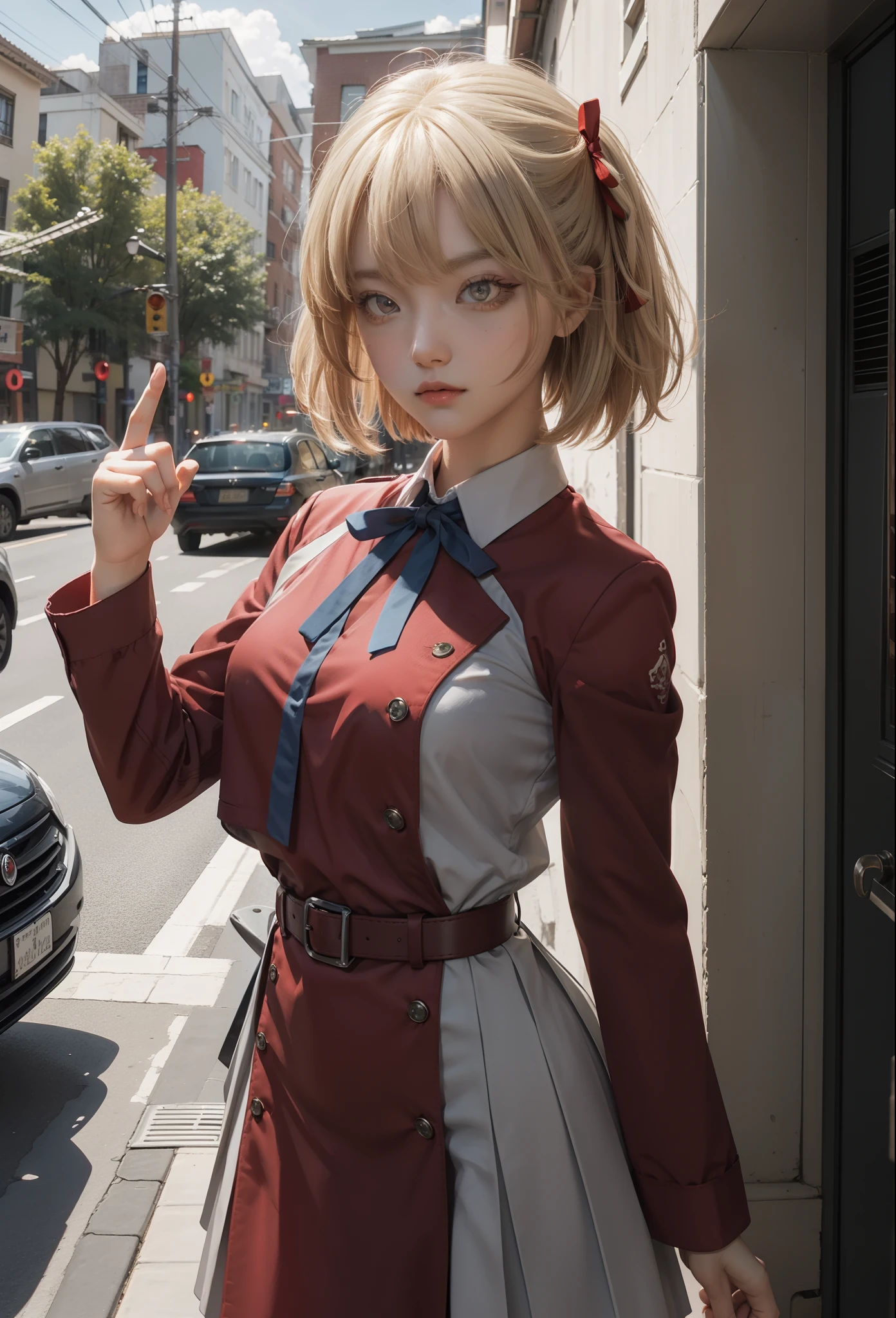 chisatonishikigi, nishikigi chisato, short hair, bangs, blonde hair, (red eyes:1.5), hair ribbon, one side up, bob cut,
BREAK shirt, long sleeves, dress, ribbon, white shirt, collared shirt, belt, neck ribbon, red dress, blue ribbon, pleated dress, grey dress, two-tone dress, red belt, lycoris uniform,,
BREAK outdoors, city,
BREAK looking at viewer, BREAK (masterpiece:1.2), best quality, high resolution, unity 8k wallpaper, (illustration:0.8), (beautiful detailed eyes:1.6), extremely detailed face, perfect lighting, extremely detailed CG, (perfect hands, perfect anatomy),