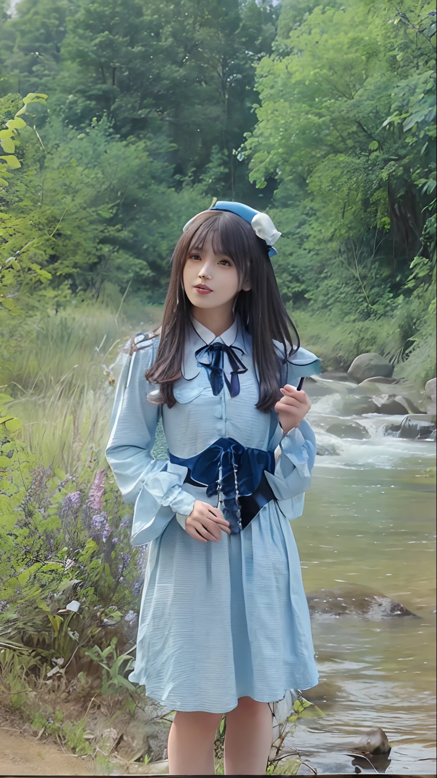 araffe dressed in a blue dress standing in a stream, victorian blue dress, wearing 1890s era clothes, ulzzang, victorian style costume, victorian gothic ****ta fashion, profile pic, ruan cute vtuber, belle delphine, ****ta style, **** in dress, cosplay of a catboy! maid! dress, profile picture