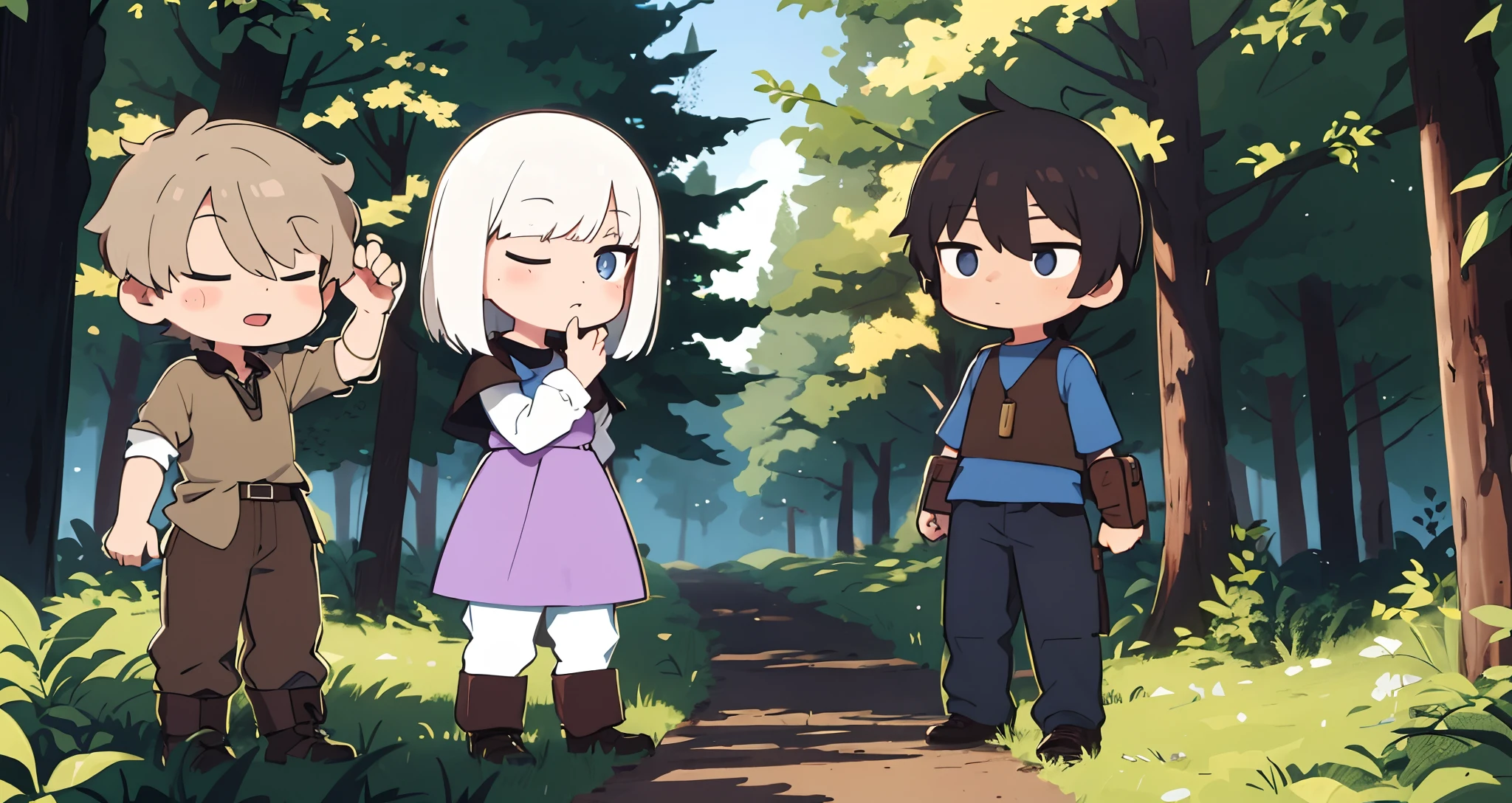 3 people in the forest, guy, Brown , Short, hairsh, beige shirt, brown pants, A  girl, Shoulder-length white hair, Yolet Dress, guy, black short hair, blue shirt, Leather Armor, dark blue pants