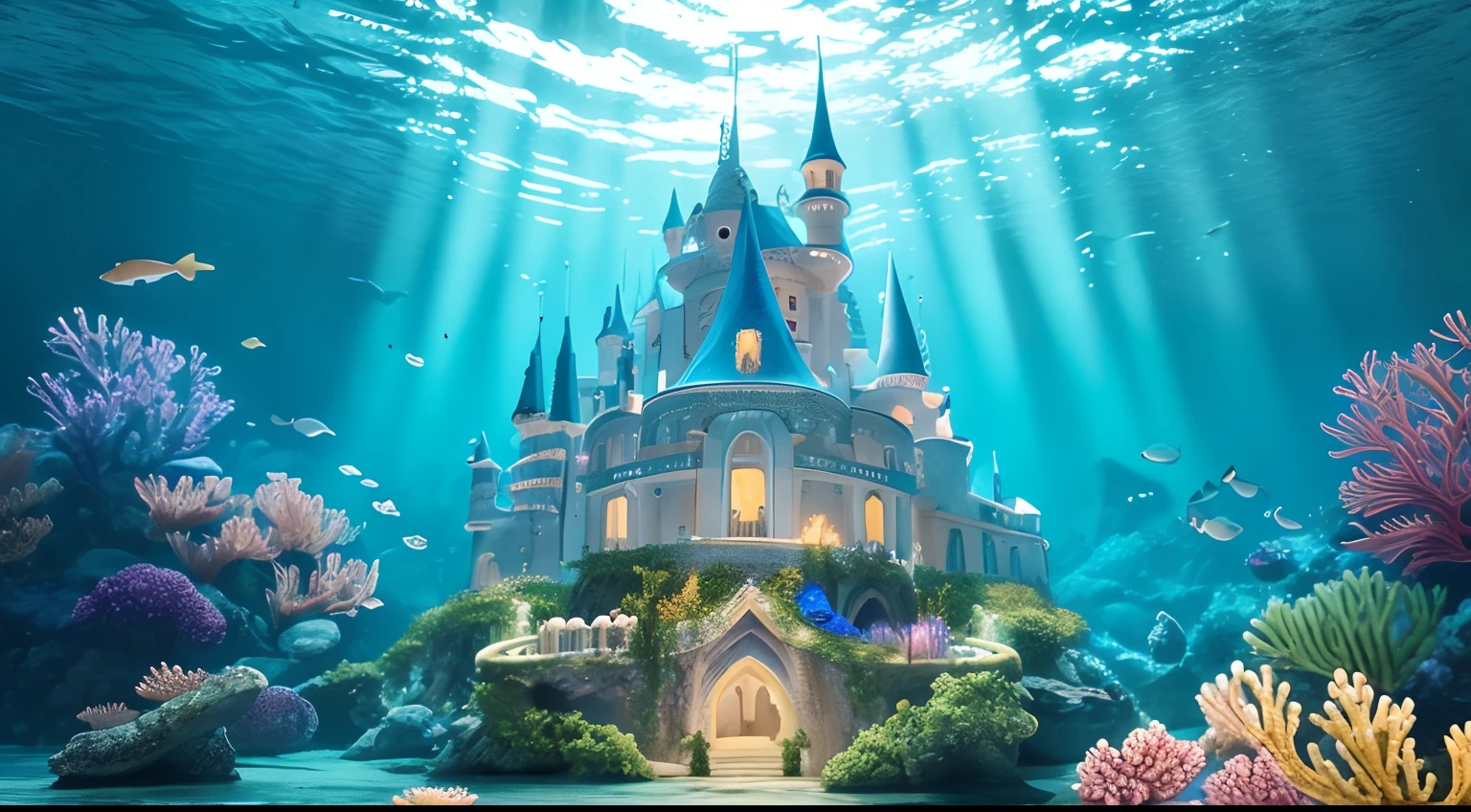 Underwater castle inhabited by mermaids and merfolk, digital illustation, Underwater fantasy style inspired by marine fairy tales, Magical scenery at the bottom of the sea with corals and shells, Oceanic color palette with shades of blue and green, Soft illumination by bioluminescence, alta resolução, Aquatic perspective, qualidade de imagem enfatizando a beleza do castelo e de seus habitantes.