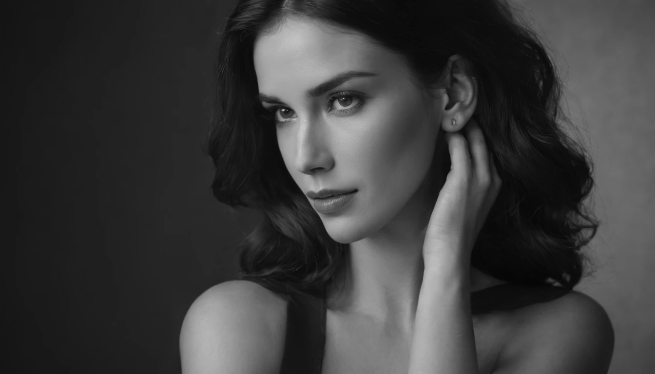 A stunning black-and-white composition with a balanced model in a studio environment. The model stands out with confident balance, retroiluminado por um brilho suave que delineia sua silhueta. O jogo de luz e sombras cria uma atmosfera sedutora, casting dramatic contrasts that emphasize the contours of the model. The background is a subtle mix of deep dark tones and faint outlines, Enhancing the Enigmatic Environment,parte superior do corpo