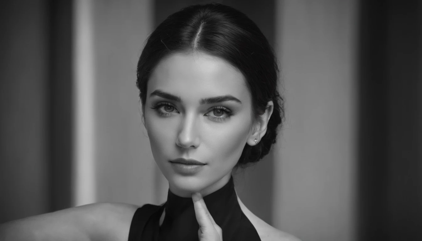 A stunning black-and-white composition with a balanced model in a studio environment. The model stands out with confident balance, retroiluminado por um brilho suave que delineia sua silhueta. O jogo de luz e sombras cria uma atmosfera sedutora, casting dramatic contrasts that emphasize the contours of the model. The background is a subtle mix of deep dark tones and faint outlines, Enhancing the Enigmatic Environment,parte superior do corpo
