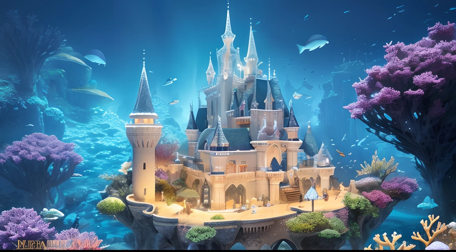 Underwater castle inhabited by mermaids and merfolk, digital illustation, Underwater fantasy style inspired by marine fairy tales, Magical scenery at the bottom of the sea with corals and shells, Oceanic color palette with shades of blue and green, Soft illumination by bioluminescence, alta resolução, Aquatic perspective, qualidade de imagem enfatizando a beleza do castelo e de seus habitantes.