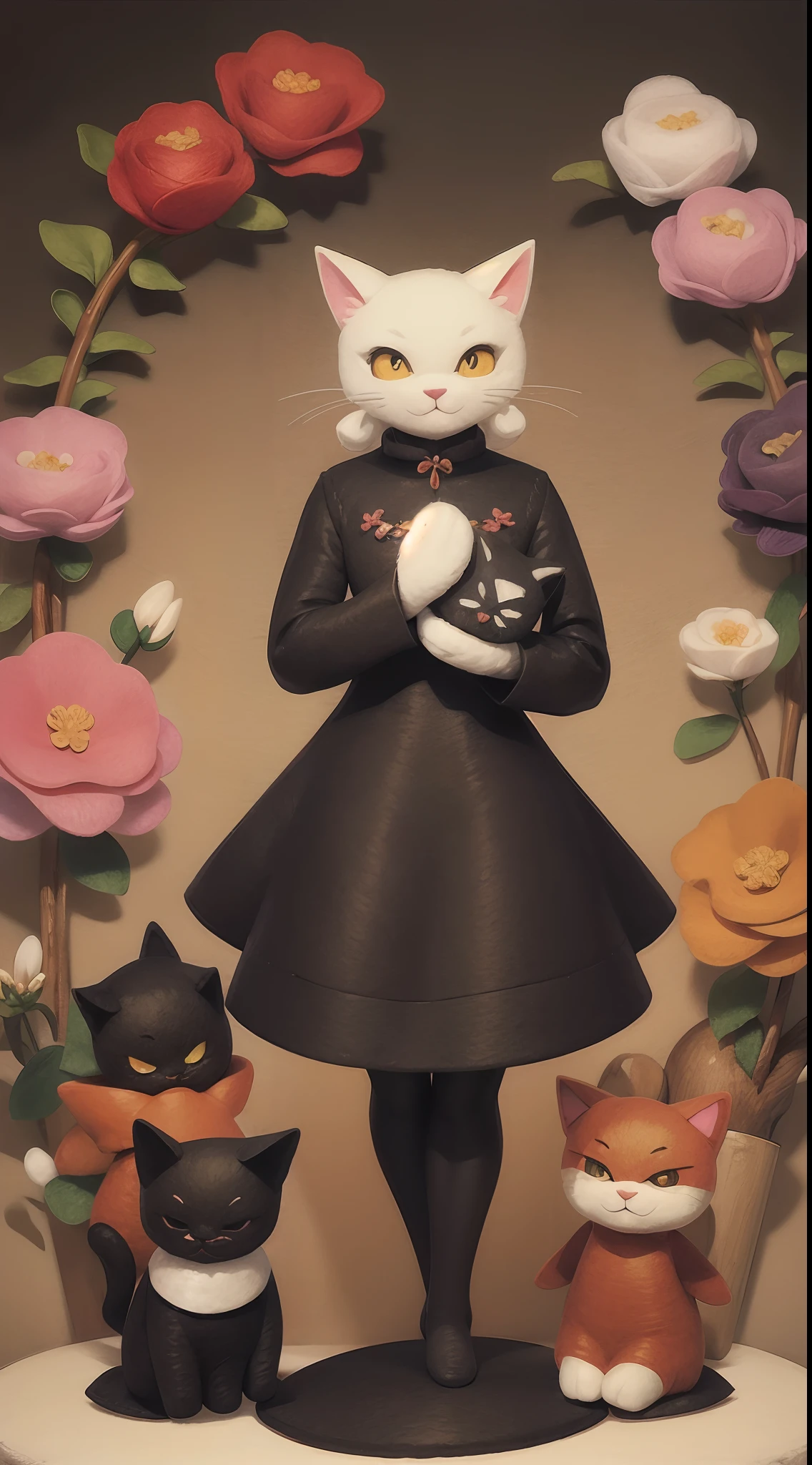 One for one(wool felt:1.5)Made cats,It is surrounded by various flowers,The cats are very exquisitely made,Clothes and hair are made of wool felt。a warm color palette,