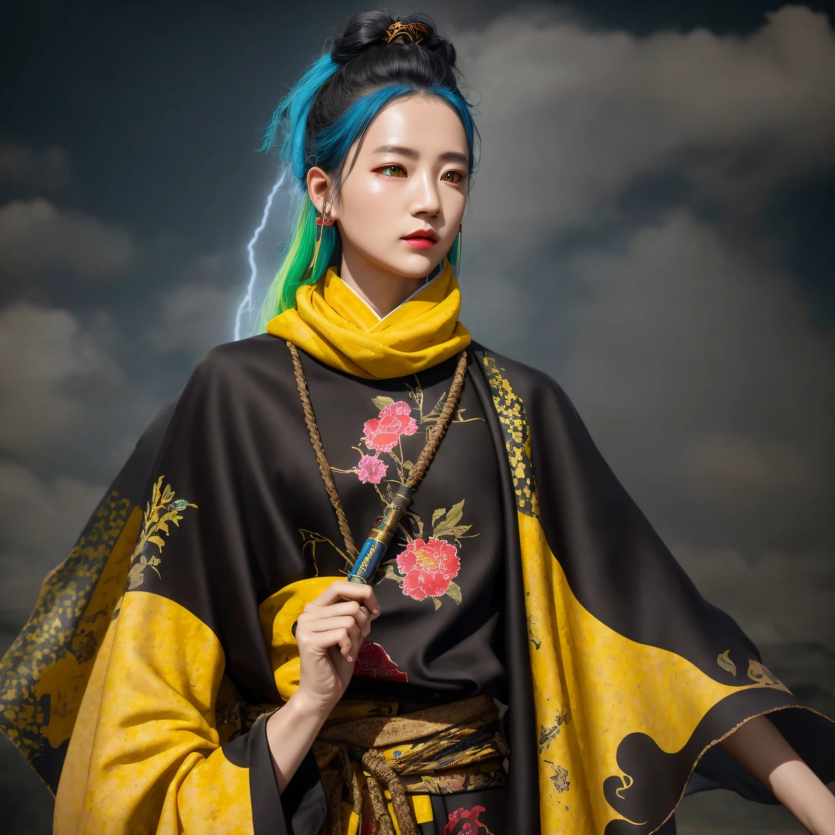 8K quality,1 girl,Backstreets,Side 32K,exteriors,Roof,People are small(tmasterpiece,k hd,hyper HD,32K)Long flowing black hair,Tang dynasty complex,zydink, a color,废墟(canyons), (Linen batik scarf), Combat posture, looking at the ground, Linen bandana, Chinese python pattern long-sleeved garment, 废墟(Abstract gouache splash:1.2), Dark clouds lightning background,Flour flies(realisticlying:1.4),Black color hair,The dust is blowing,Background fog, A high resolution, the detail, RAW photogr, Sharp Re, Nikon D850 Film Stock Photo by Jefferies Lee 4 Kodak Portra 400 Camera F1.6 shots, Rich colors, ultra-realistic vivid textures, Dramatic lighting, Unreal Engine Art Station Trend, cinestir 800,Flowing bright yellow hair,(((National style building)))Full body side 8K picture quality,1 girl,Backstreets,Side 32K,exteriors,Roof,People are small(tmasterpiece,k hd,hyper HD,32K)Long flowing black hair,Tang dynasty complex,zydink, a color,废墟(canyons), (Linen batik scarf), Combat posture, looking at the ground, Linen bandana, Chinese python pattern long-sleeved garment, 废墟(Abstract gouache splash:1.2), Dark clouds lightning background,Flour flies(realisticlying:1.4),Black color hair,The dust is blowing,Background fog, A high resolution, the detail, RAW photogr, Sharp Re, Nikon D850 Film Stock Photo by Jefferies Lee 4 Kodak Portra 400 Camera F1.6 shots, Rich colors, ultra-realistic vivid textures, Dramatic lighting, Unreal Engine Art Station Trend, cinestir 800,Flowing bright yellow hair,(((National style building)))Full-body side