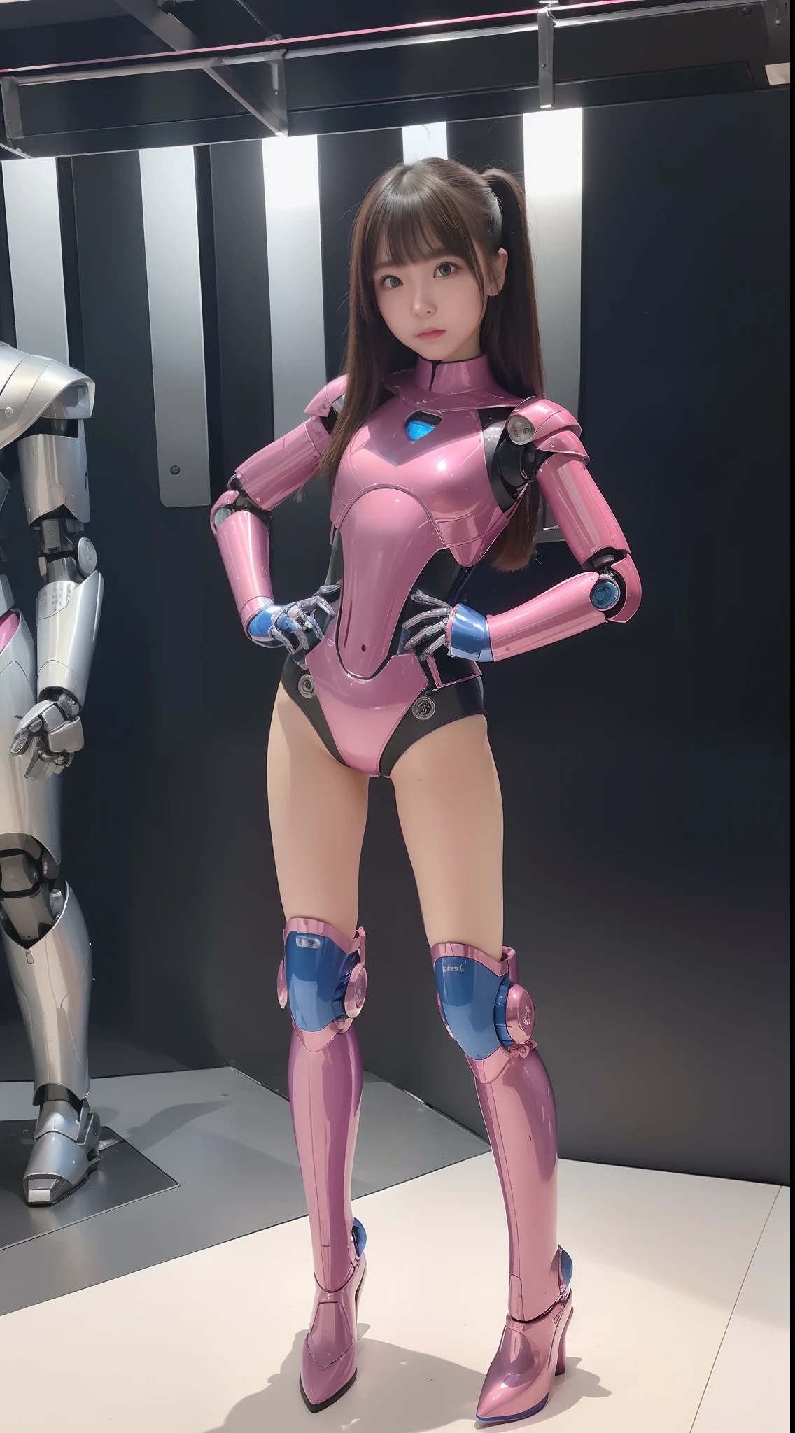 (Photorealsitic:1.4)、One girl、(top-quality)、(hyperdetailed face)、(Super well-formed face)、((Robot Parts))、(Robot Girl)、(Blue)、(pink there)、(Burgundy)、(metalic)、(Full body)、(sexy pose)、(Slender body)、(Model body type)、(full body mech)、(akihabara)、(is looking at the camera)、(A dark-haired)、(Well-proportioned girl)、(a small face)、(Idol)、(front facing)、(Standing with legs open)、(Hands on hips)、(Photo session)、(Looks sad)、(Perfect Robot Girl)、(Perfect machine body)