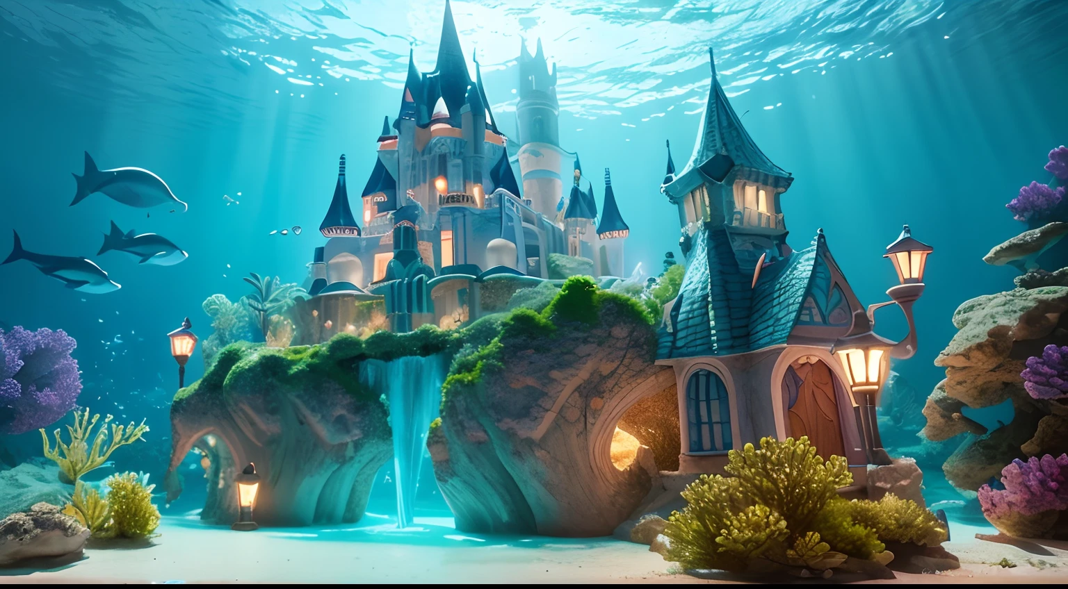 Underwater castle inhabited by mermaids and merfolk, digital illustation, Underwater fantasy style inspired by marine fairy tales, Magical scenery at the bottom of the sea with corals and shells, Oceanic color palette with shades of blue and green, Soft illumination by bioluminescence, alta resolução, Aquatic perspective, qualidade de imagem enfatizando a beleza do castelo e de seus habitantes.