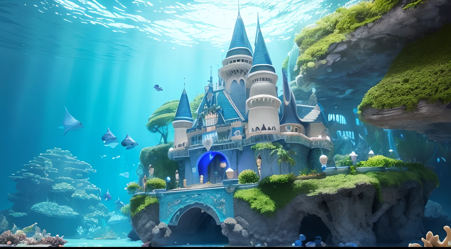Underwater castle inhabited by mermaids and merfolk, digital illustation, Underwater fantasy style inspired by marine fairy tales, Magical scenery at the bottom of the sea with corals and shells, Oceanic color palette with shades of blue and green, Soft illumination by bioluminescence, alta resolução, Aquatic perspective, qualidade de imagem enfatizando a beleza do castelo e de seus habitantes.
