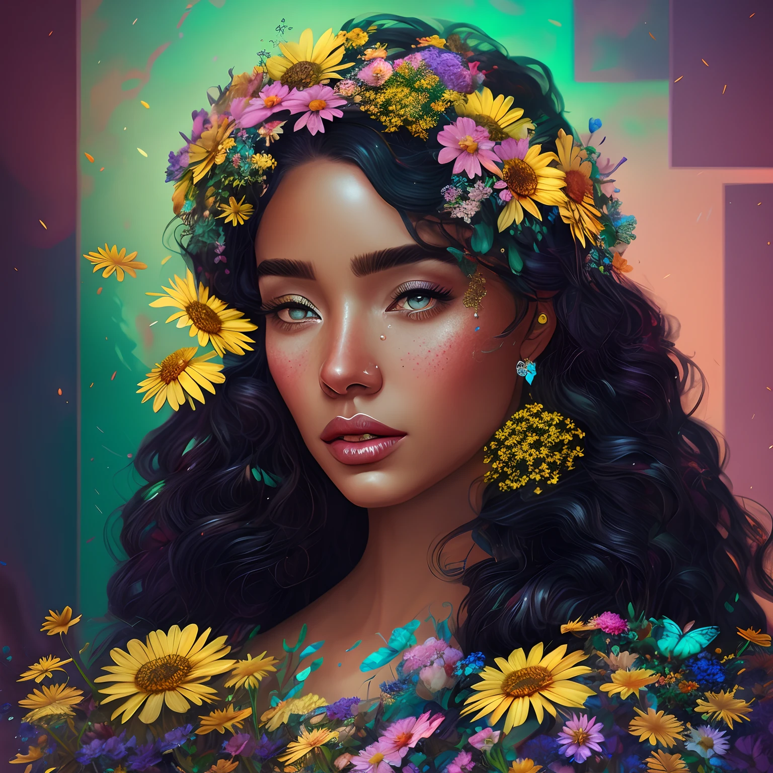 there is a woman with a flower crown on her head, beautiful digital illustration, stunning digital illustration, flower storm portrait, beautiful digital artwork, detailed beauty portrait, beautiful art uhd 4 k, in style of digital illustration, vibrant digital painting, beautiful digital painting, digital fantasy portrait, beautiful fantasy portrait, aesthetic portrait, flower goddess, gorgeous digital painting, jen bartel