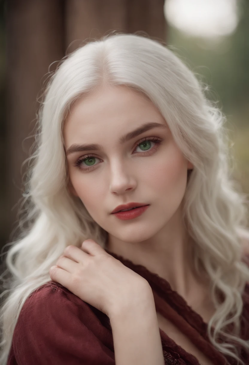 (((a deep reddish wound crosses her left cheek))) fair complexion, woman around 19 years old, natural white hair, distinctive green eyes, wearing kohl, slender and graceful, beautiful, candlelight in a medieval setting, ultra sharp focus, realistic shot, medieval female clothes, tetradic colors (scar:1.4)