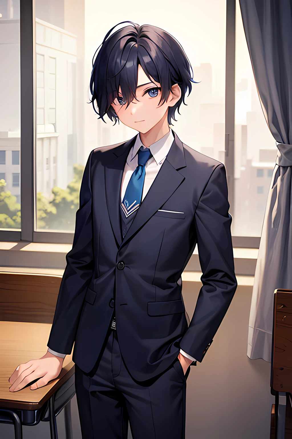 masterpiece, best quality, high quality, 1boy, solo, male focus, middle school student, school uniform, trousers, blue tie, (age: 13-15), (hairstyle: straight), blach hair, middle hair, hair over one eye, looking at viewer,