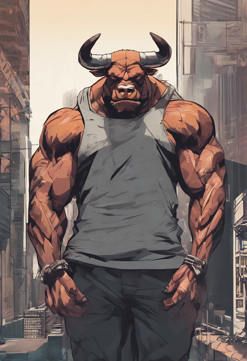 ((foto crua)), ((obra-prima)), Anthropomorphic humanoid bull wearing (((roupas de streetwear))), caminhando furiosamente entre as pessoas, detalhe intrincado, intricate Greebles pieces, city behind, corpo musculoso, (((large muscles))), muscular arms, (small head), Ogro monstruoso, Titan soft lighting, Hiper realista, soft-lighting, Ambiente sinistro