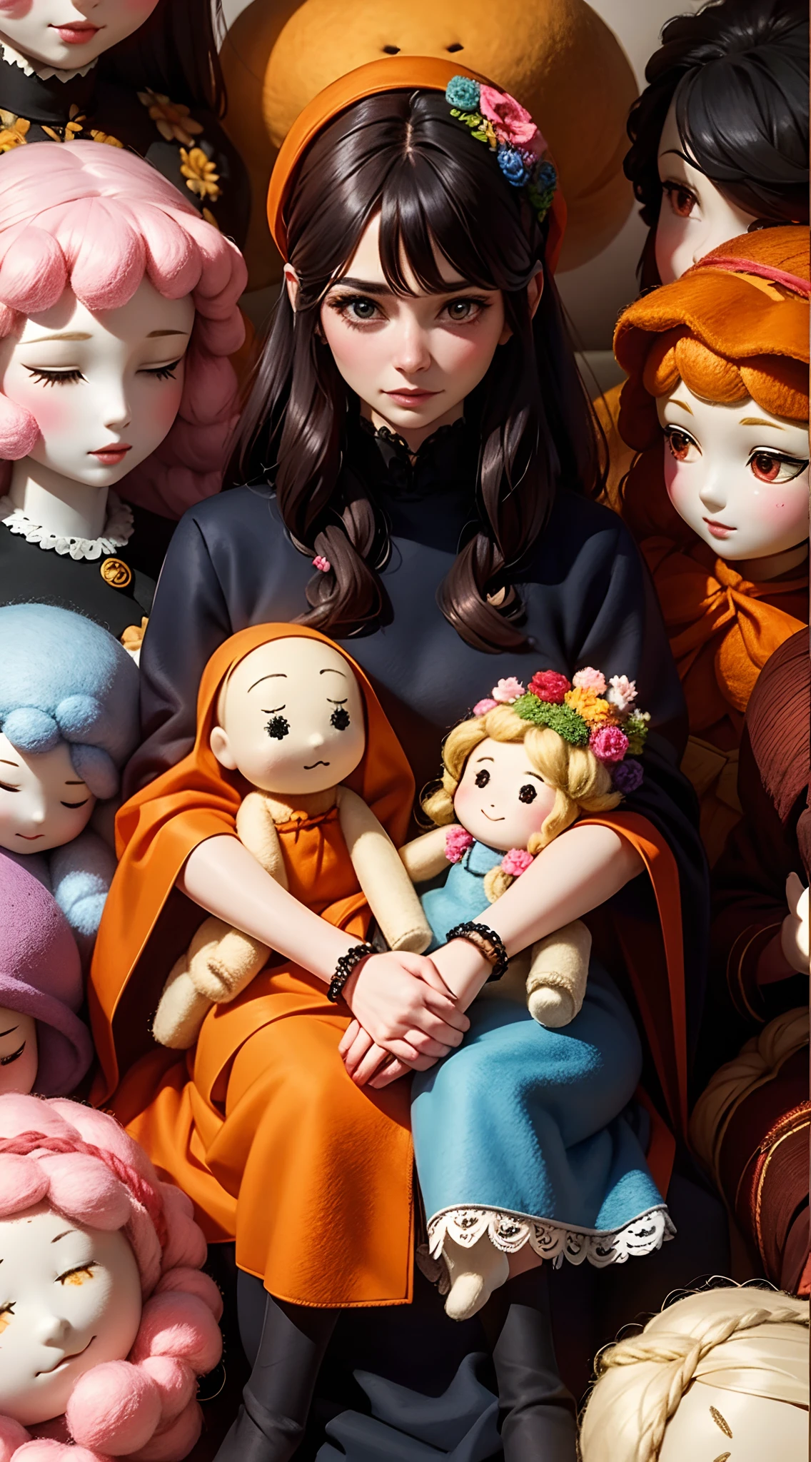 A wool felt doll surrounded by various flowers,Dolls have real faces,The clothes and hair are made of wool felt。a warm color palette,